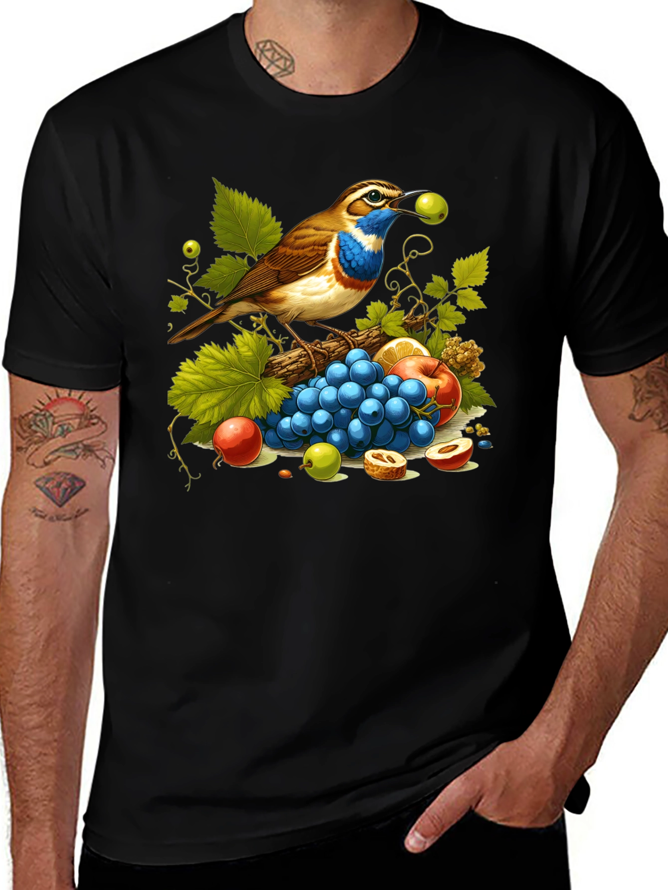 Variant 13 of Bird and Fruit Graphic T-Shirt - Unisex Black Tee