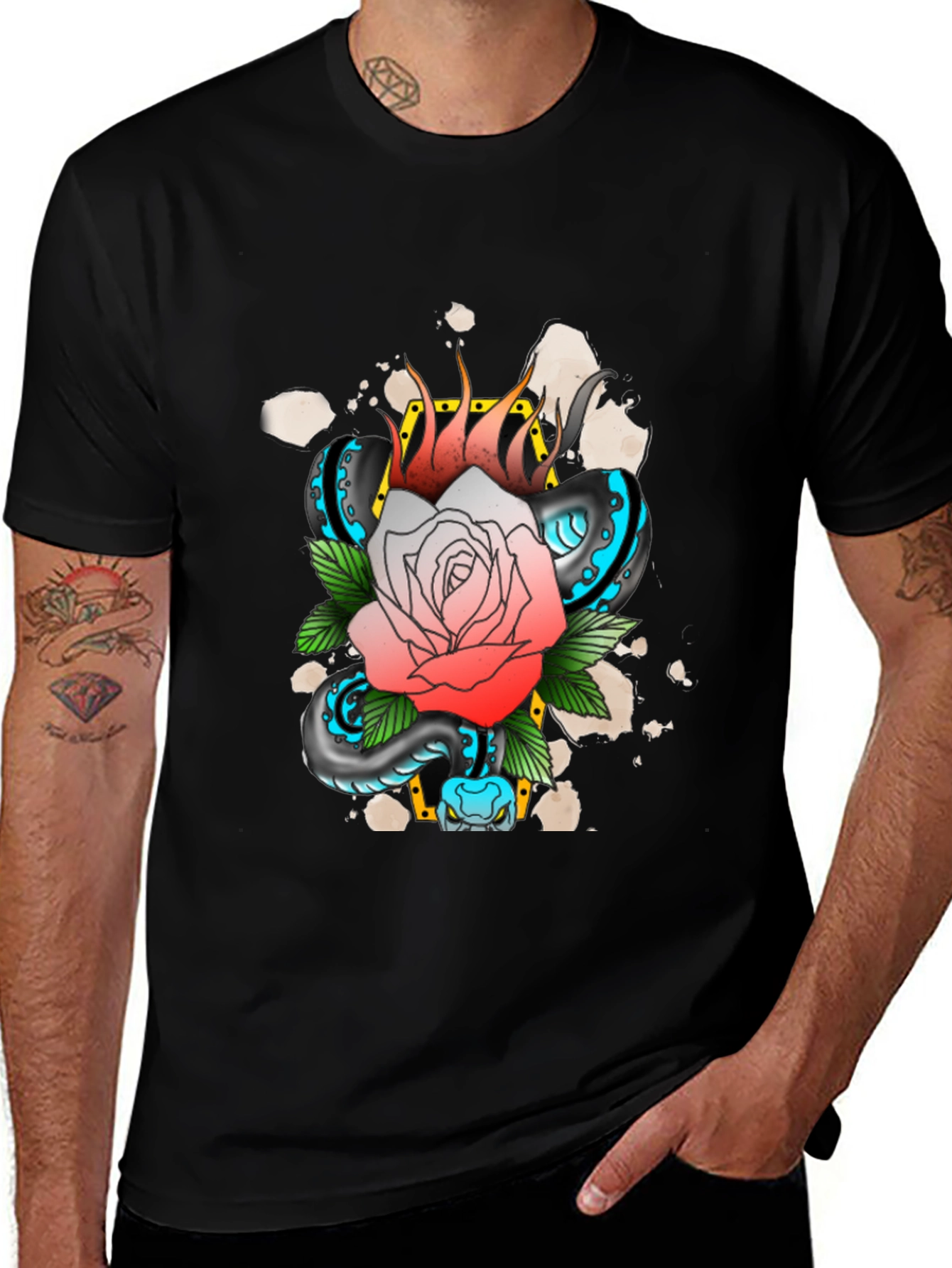 Variant 3 of Snake & Rose Graphic T-Shirt - Cool Tattoo Style Design