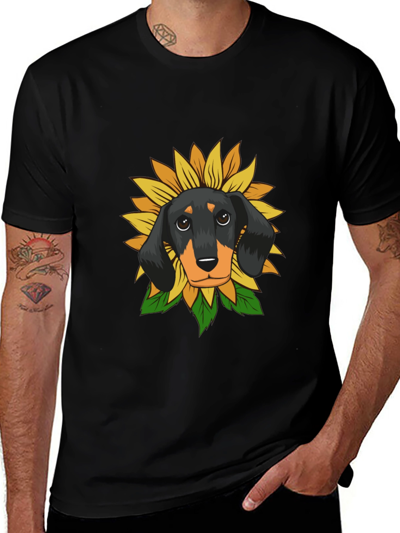 Black Dachshund Sunflower Graphic Tee - Black Cotton Comfort main image