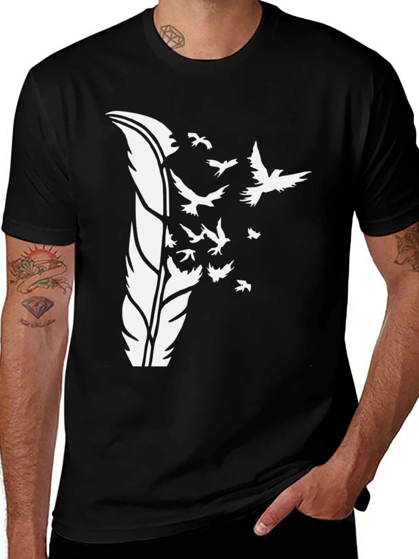 Variant 14 of Feather Birds Graphic Tee - Stylish Men's Black T-Shirt