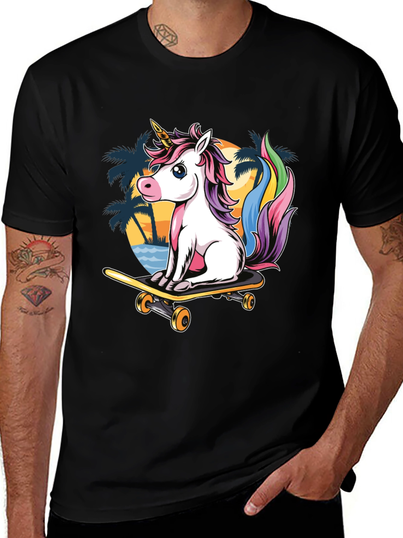 Variant 29 of Unicorn Skateboard T-Shirt - Tropical Sunset Design