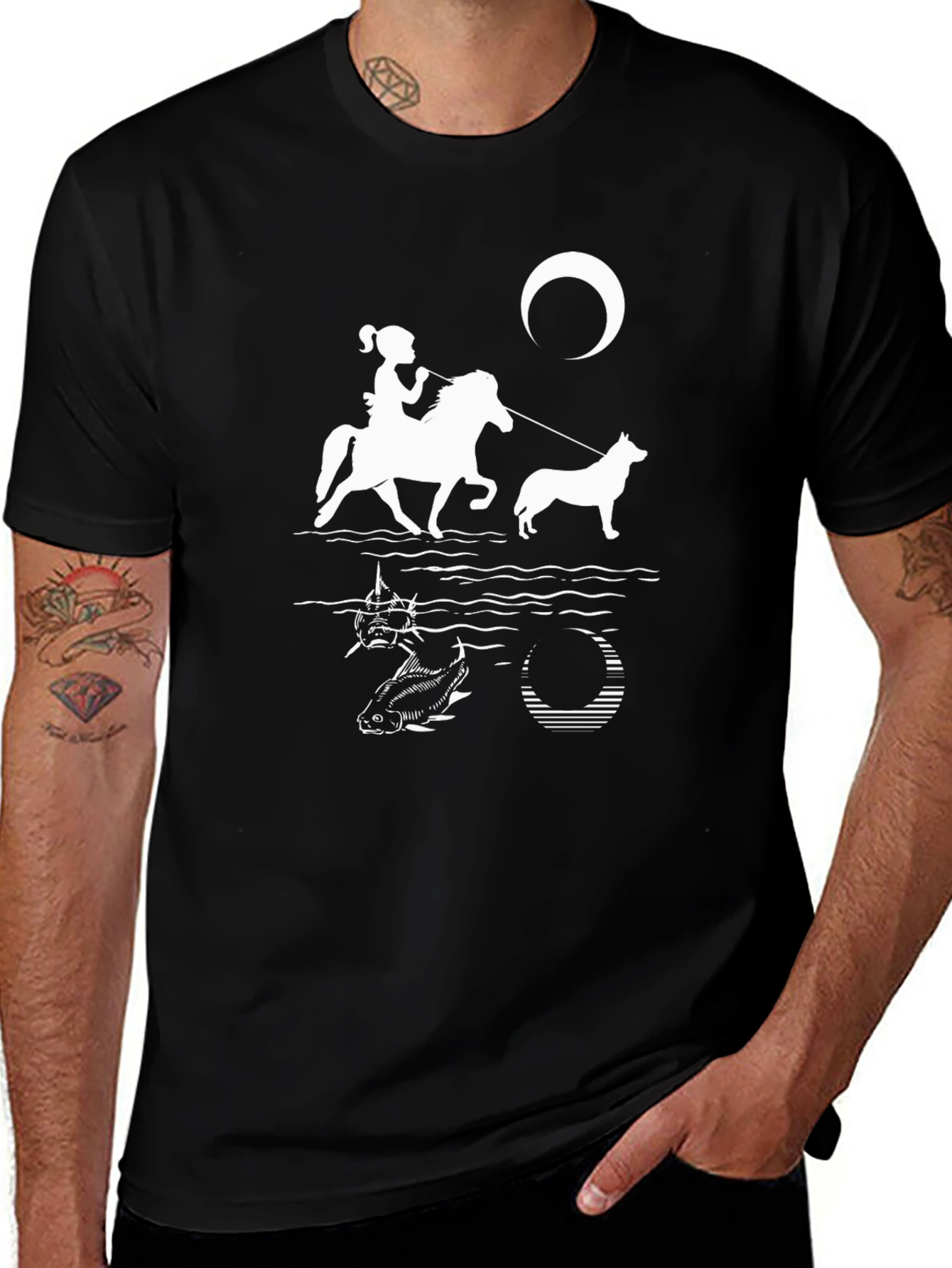 Variant 11 of Black T-Shirt with Horse, Rider, Dog and Night Sky Graphic