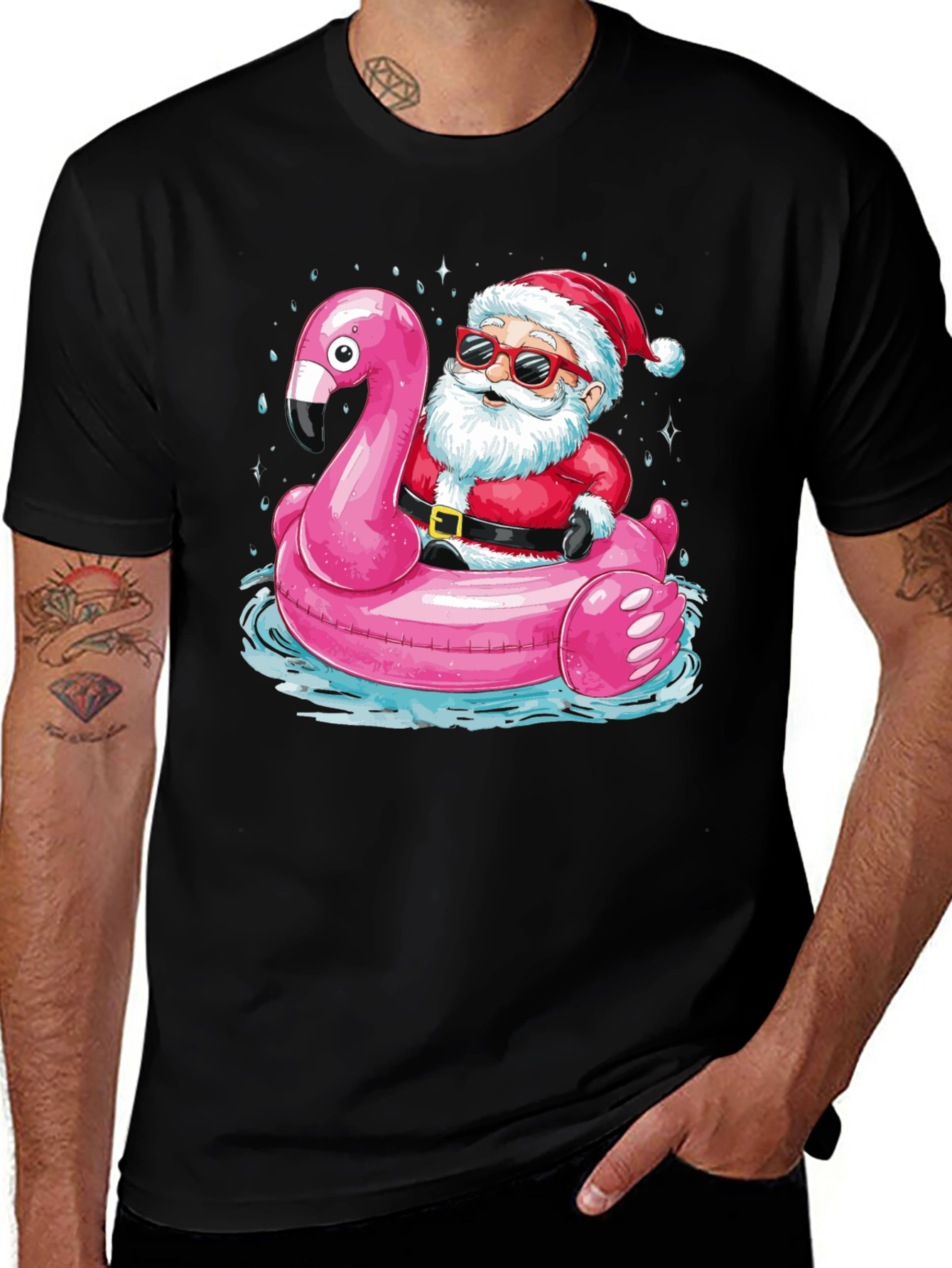 Santa Flamingo Pool Party T-Shirt