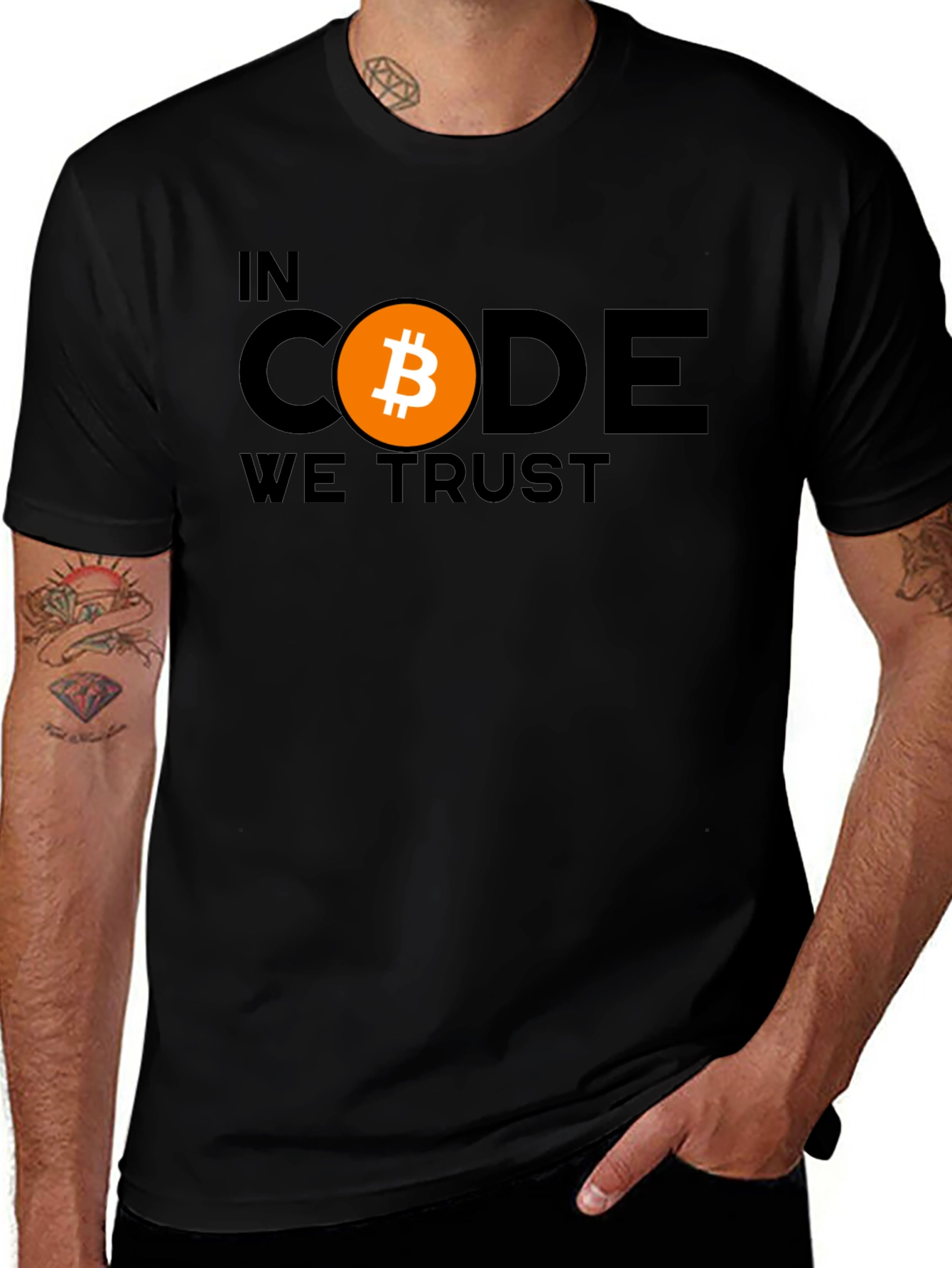 Variant 24 of Bitcoin Crypto T-Shirt - In Code We Trust Black Tee