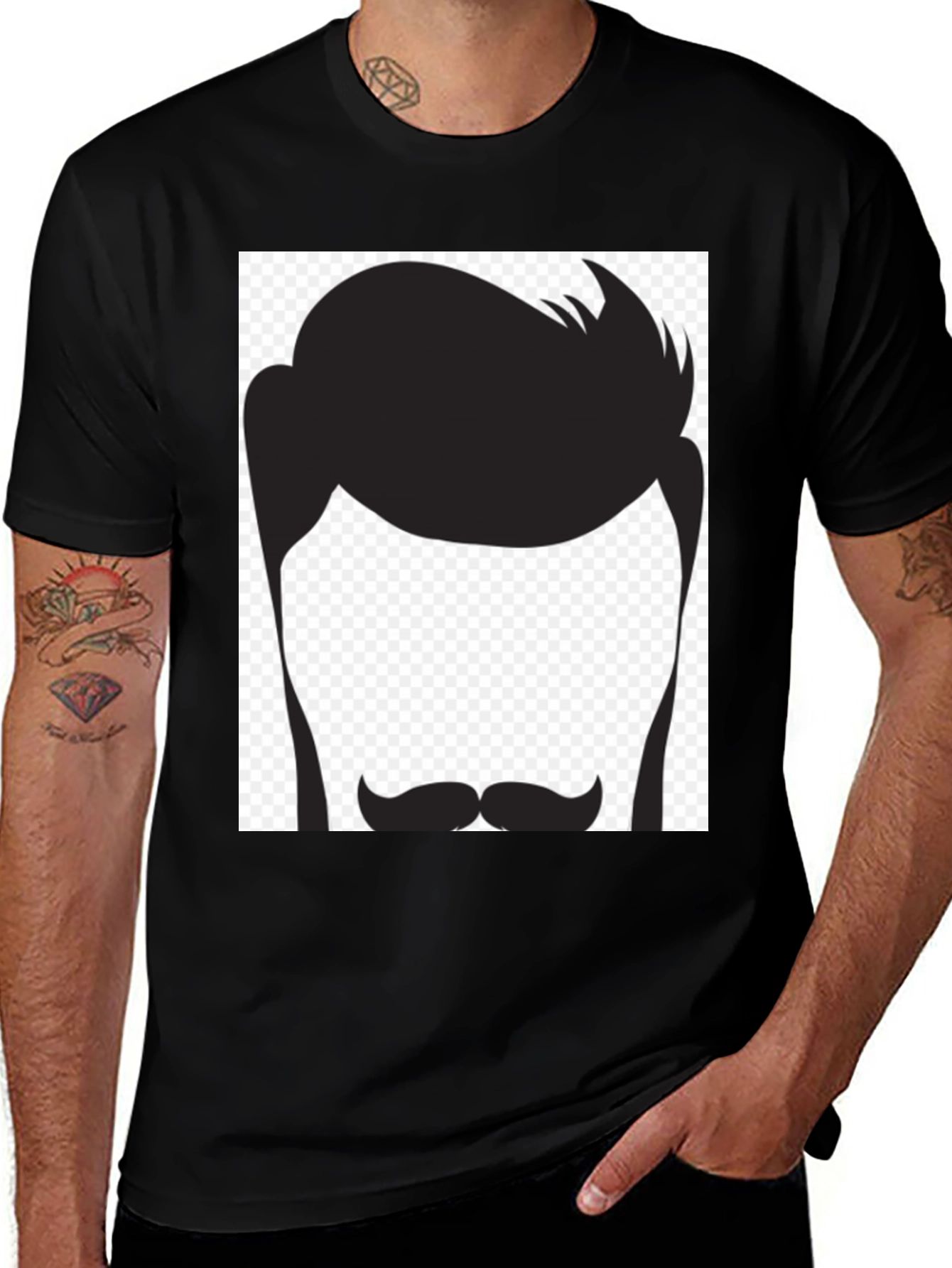 Variant 28 of Men's Black T-Shirt with Retro Hair and Mustache Graphic