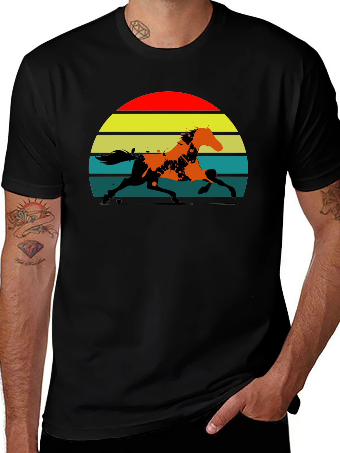 Retro Sunset Horse Graphic Tee - Black