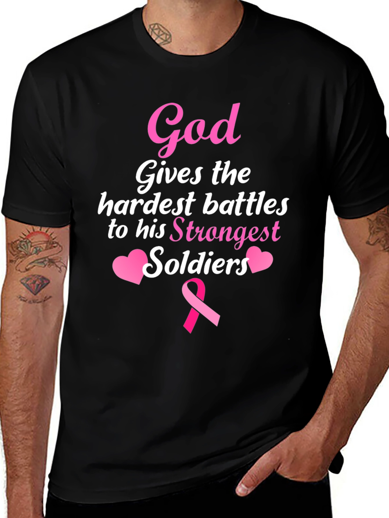 Black God Gives Battles T-Shirt - Strongest Soldiers - Pink Ribbon main image