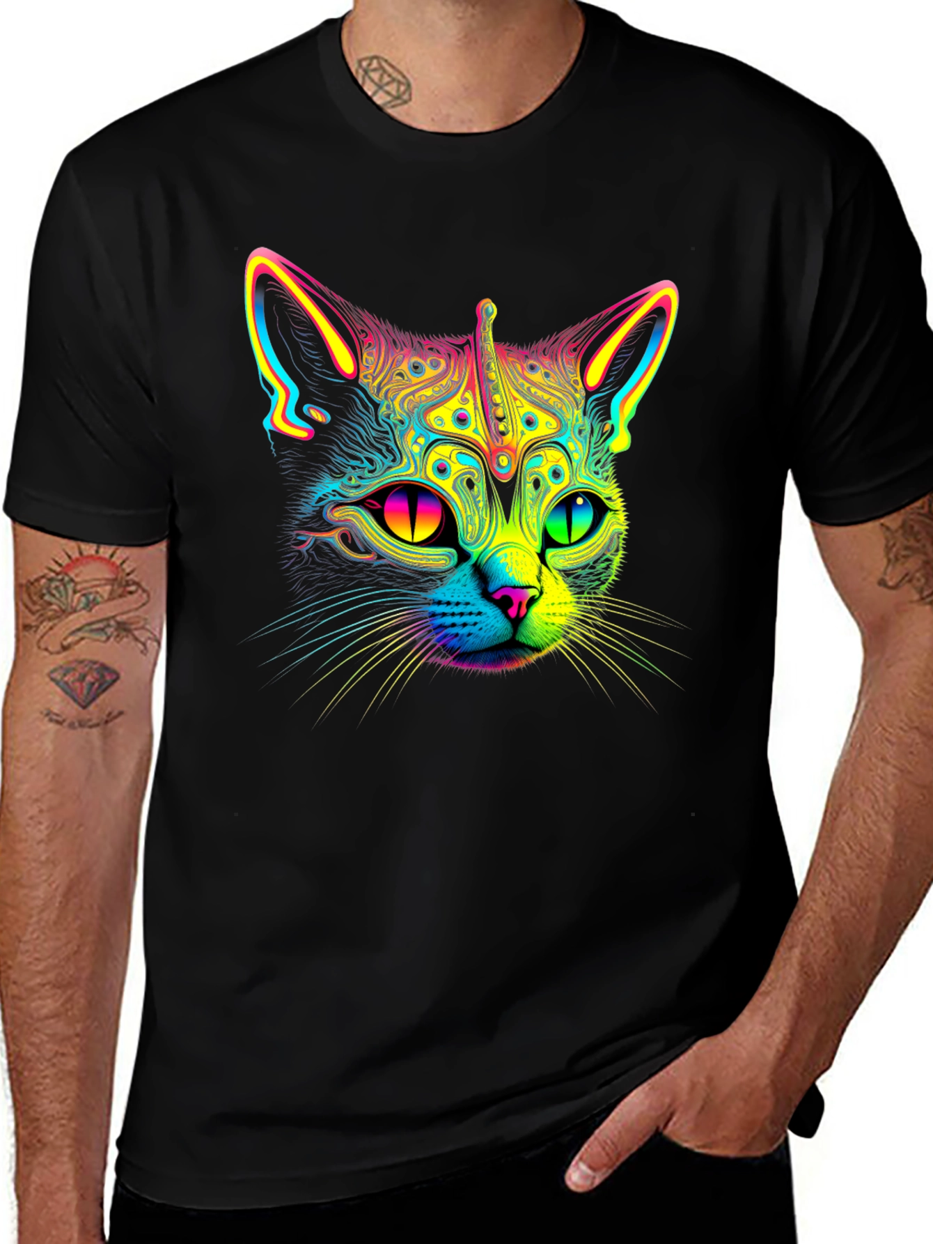 Variant 25 of Psychedelic Cat T-Shirt - Vibrant Neon Design