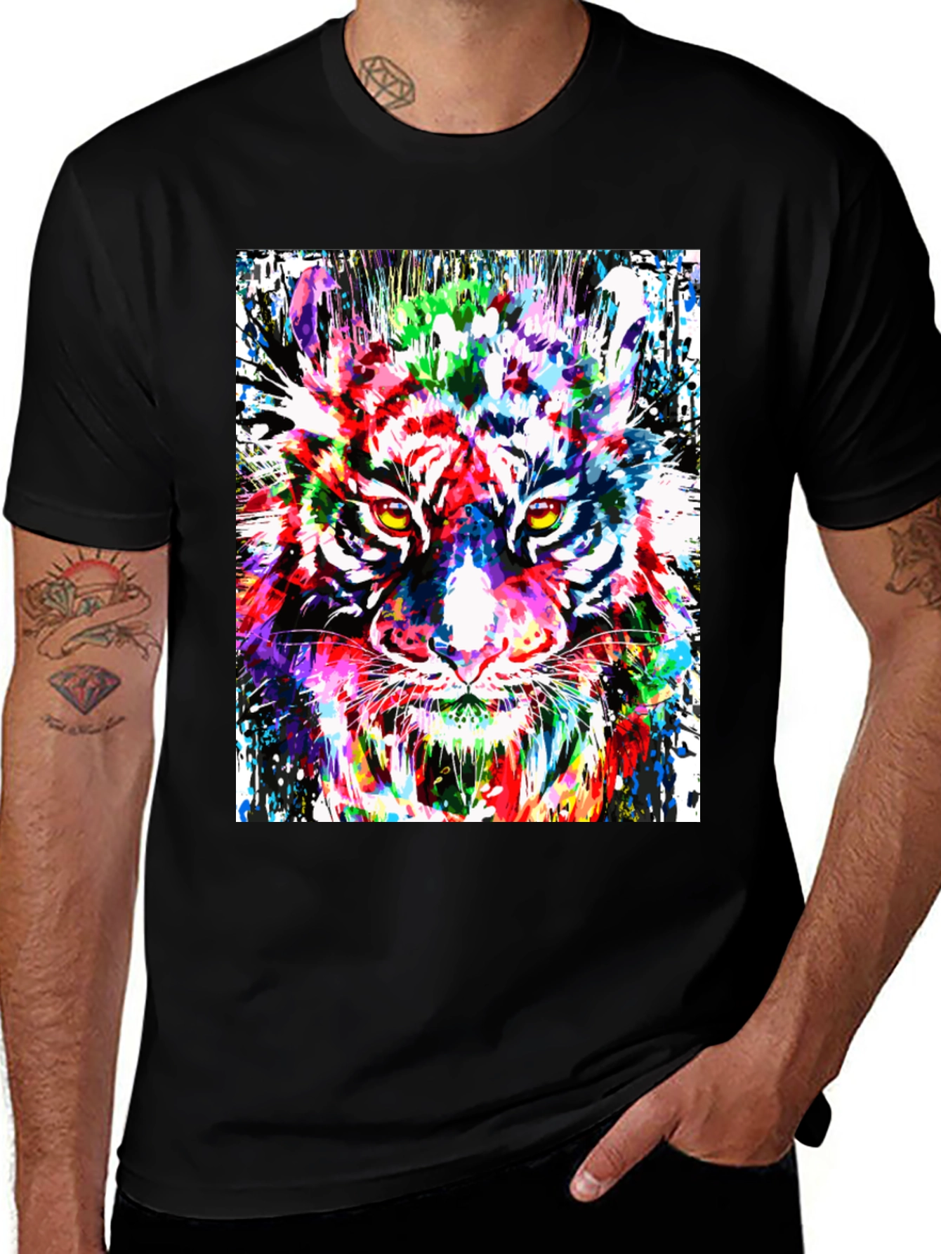 Variant 8 of Vibrant Tiger Graphic Tee - Black Cotton T-Shirt