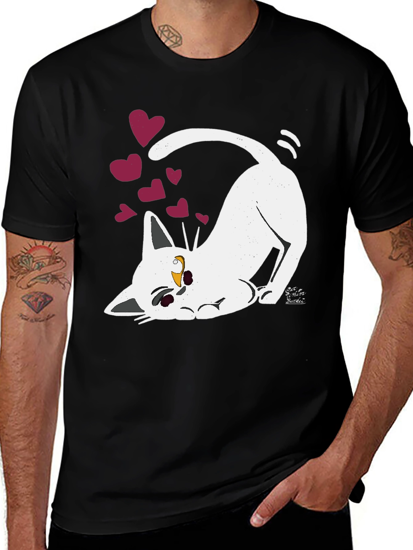 Variant 30 of Cute Cat With Hearts Graphic Tee - Black