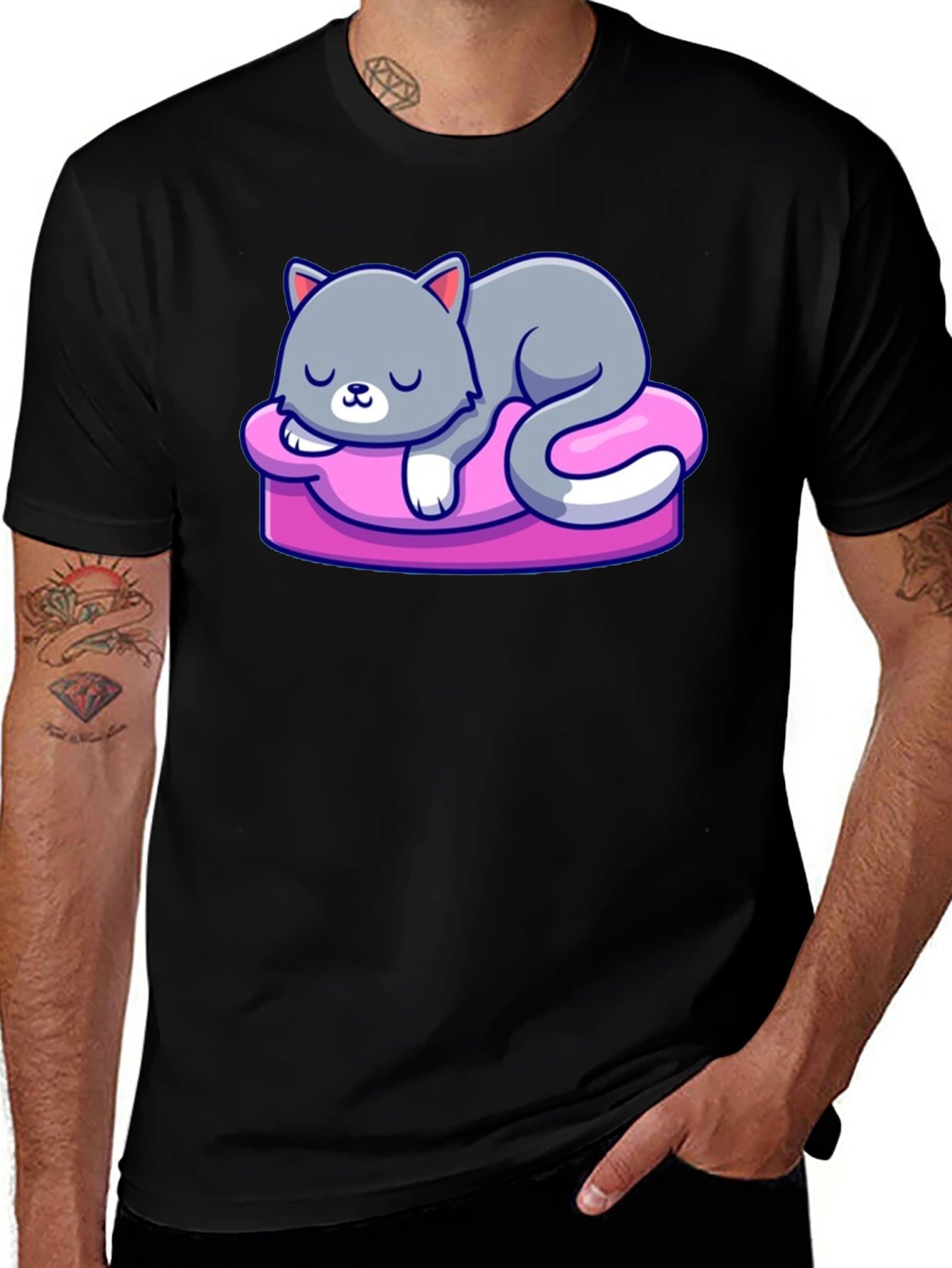 Cute Cat Sleeping on Pillow Graphic Tee