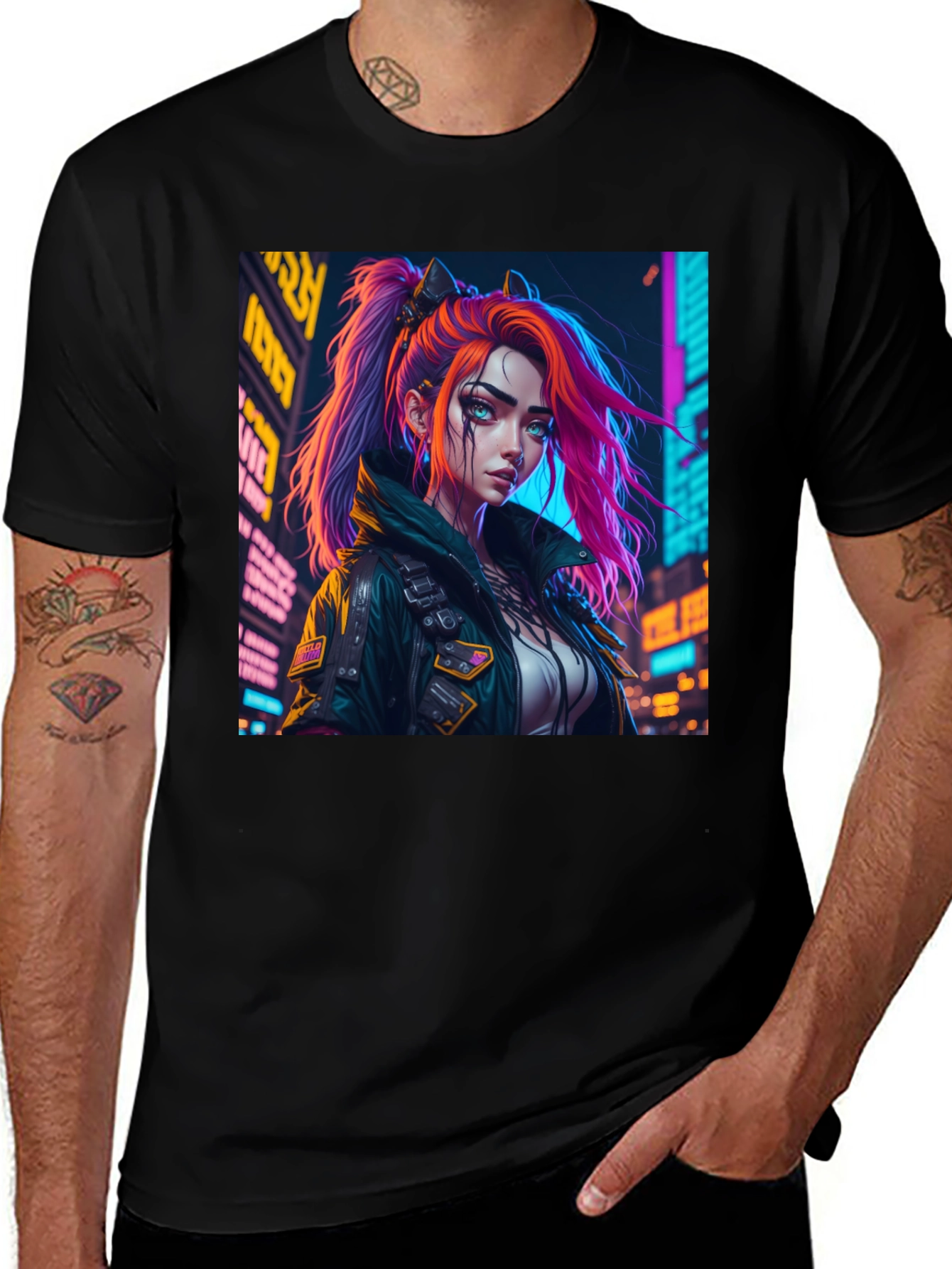Variant 7 of Cyberpunk Girl Graphic Print Black T-Shirt
