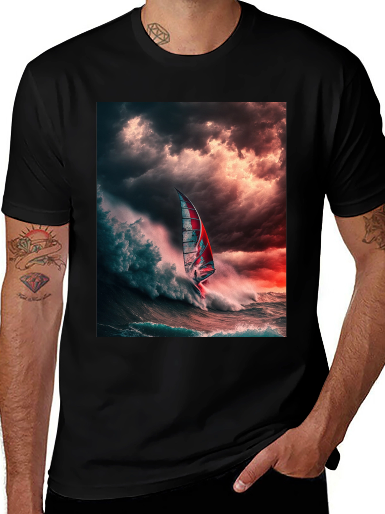 Variant 22 of Stormy Wave Windsurfer Graphic Tee - Mens