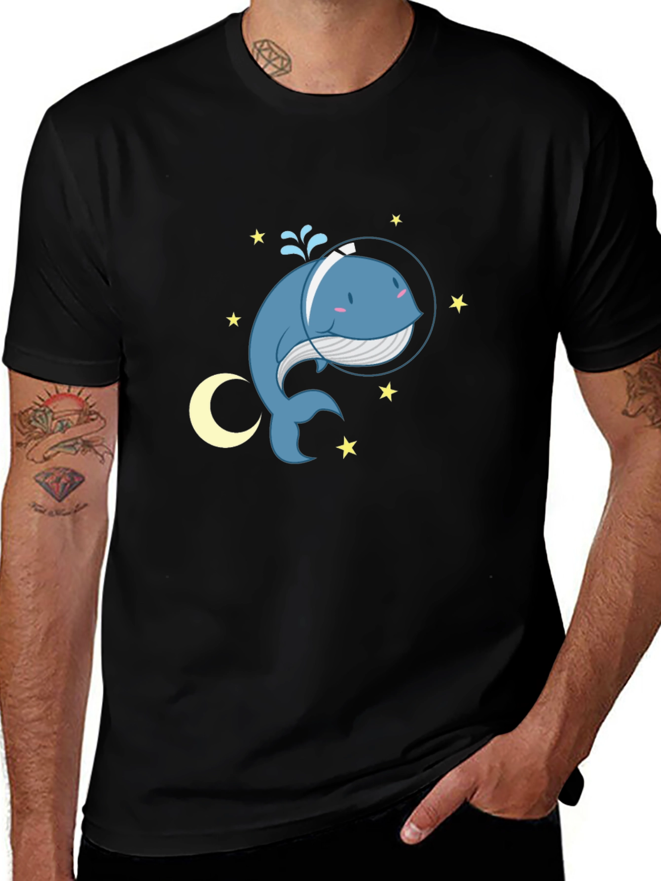 Variant 6 of Cute Cartoon Whale in Space T-Shirt - Black