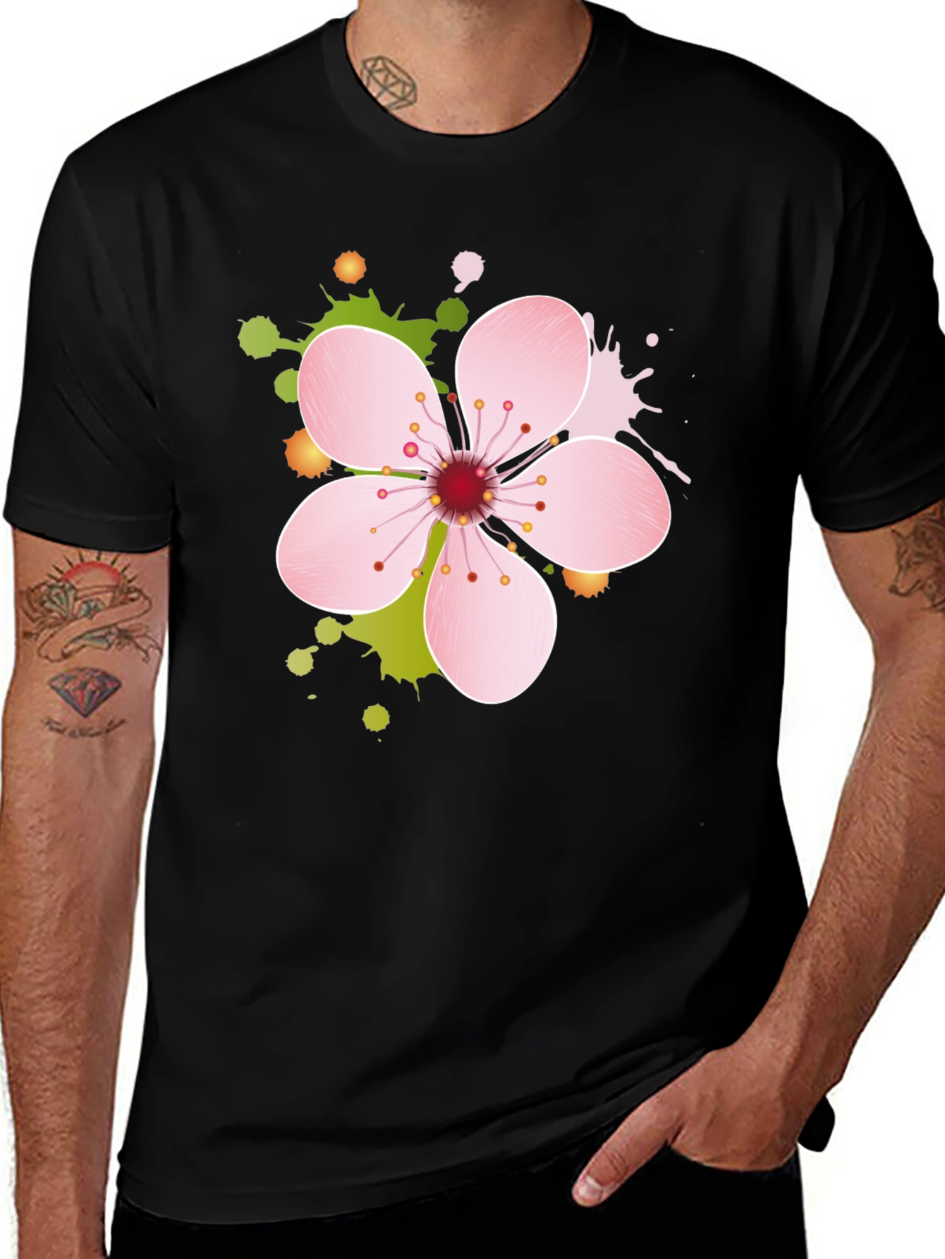 Variant 21 of Floral Print Black T-Shirt - Artistic Blossom Design