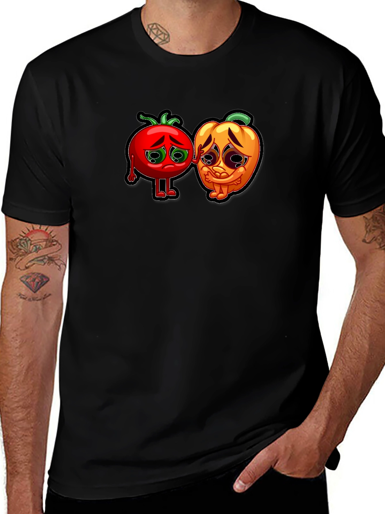 Sad Tomato and Pepper Cartoon Black T-Shirt