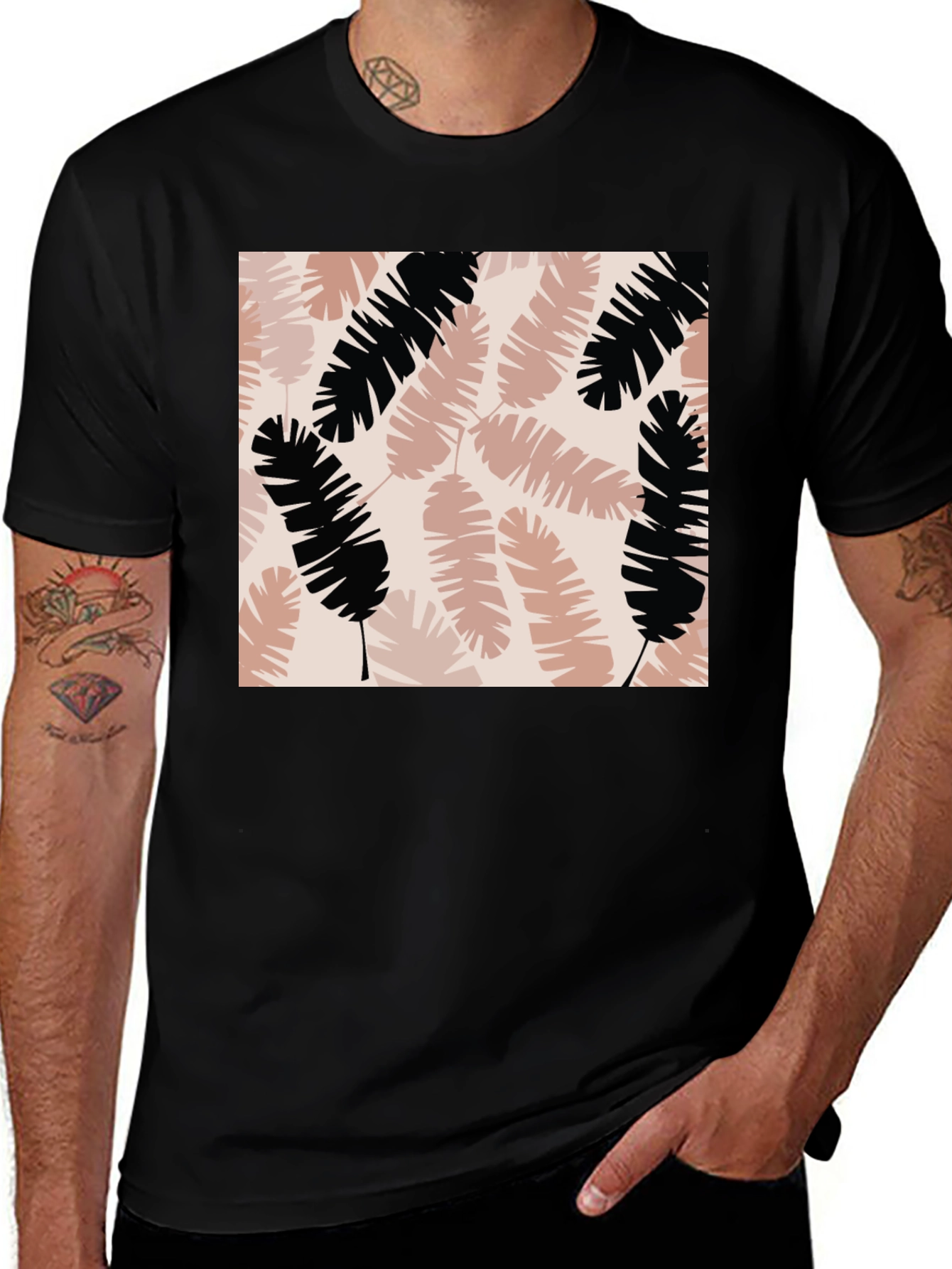 Variant 13 of Tropical Leaves Print Black T-Shirt