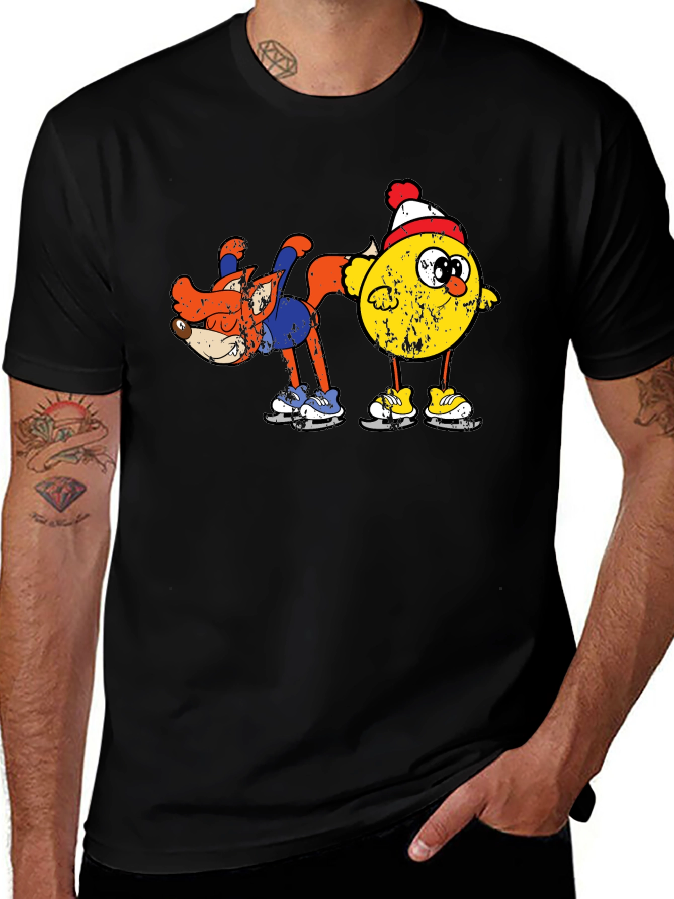 Variant 12 of Funny Fox and Chick Ice Skating Black T-Shirt