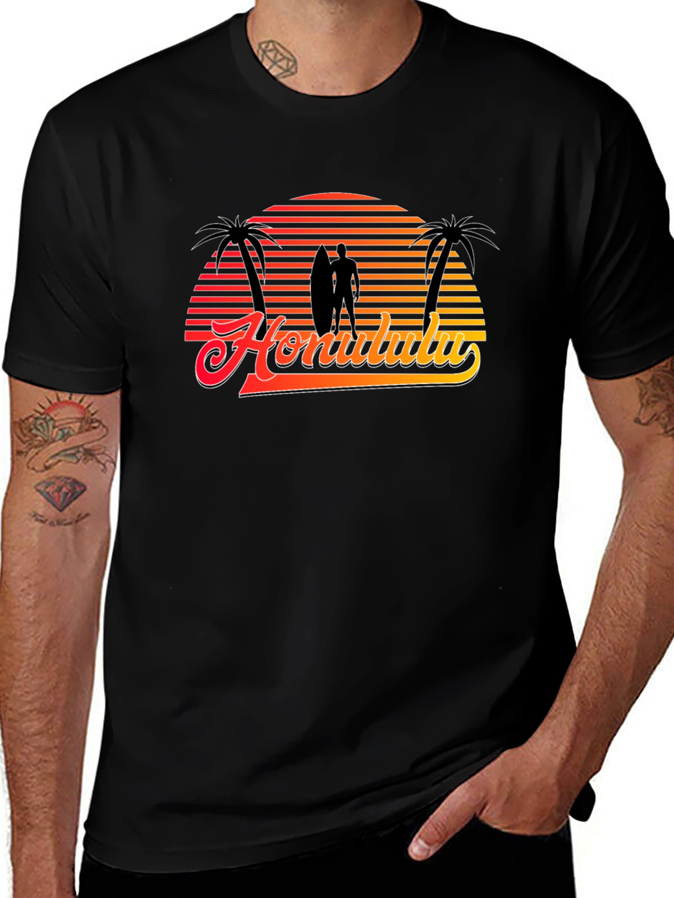 Retro Honolulu Sunset T-Shirt - Surfer Palm Tree Design