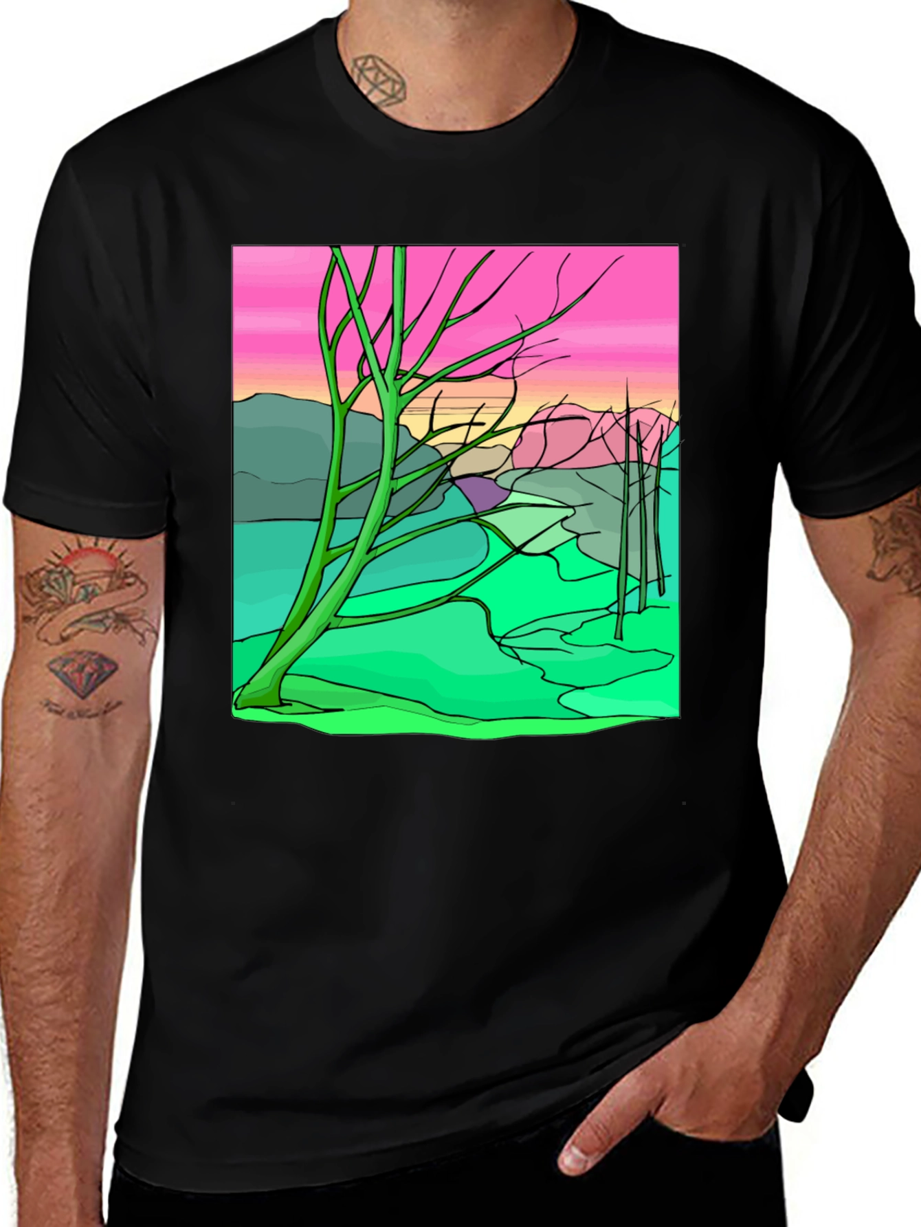 Surreal Landscape Graphic Tee - Black Cotton Comfort