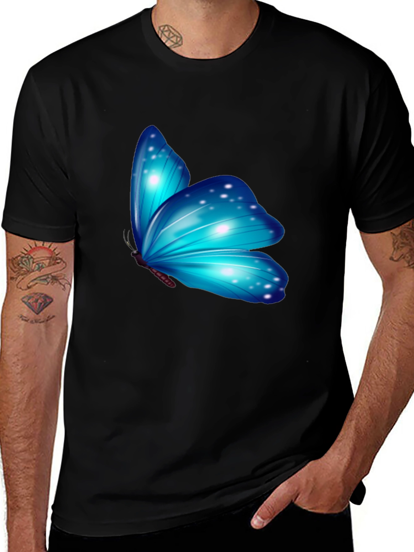 Variant 20 of Blue Butterfly Graphic Black T-Shirt