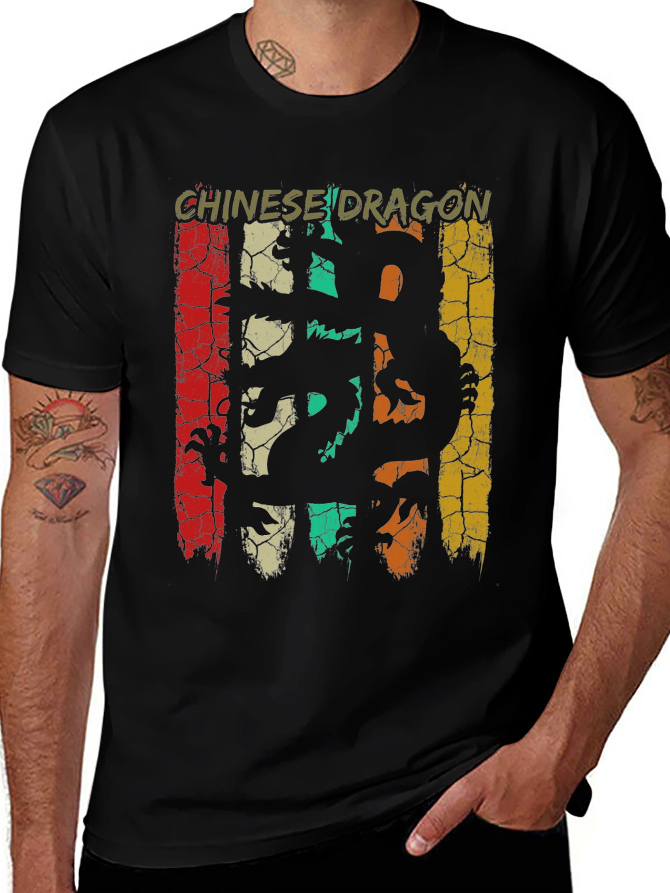 Variant 17 of Chinese Dragon Graphic Tee - Vintage Style Black T-Shirt