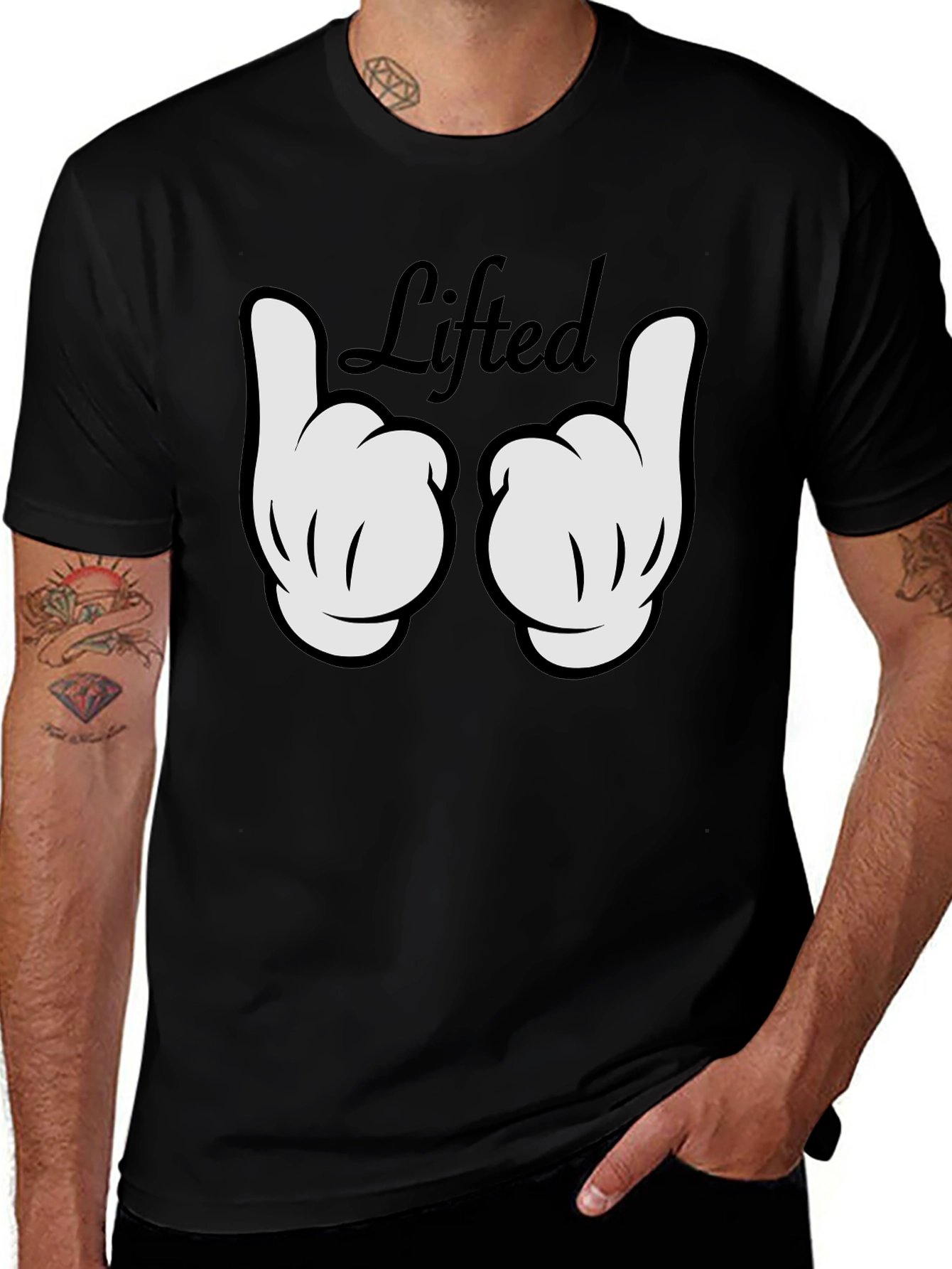 Lifted Cartoon Hand Gesture Black T-Shirt