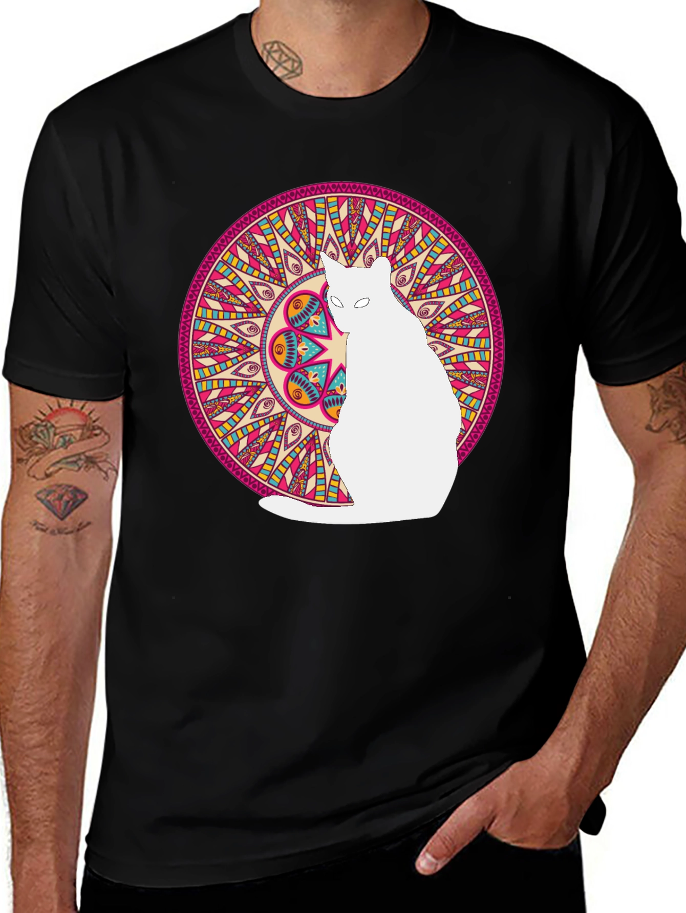 Variant 12 of Mandala Cat Graphic Tee - Stylish Black T-Shirt
