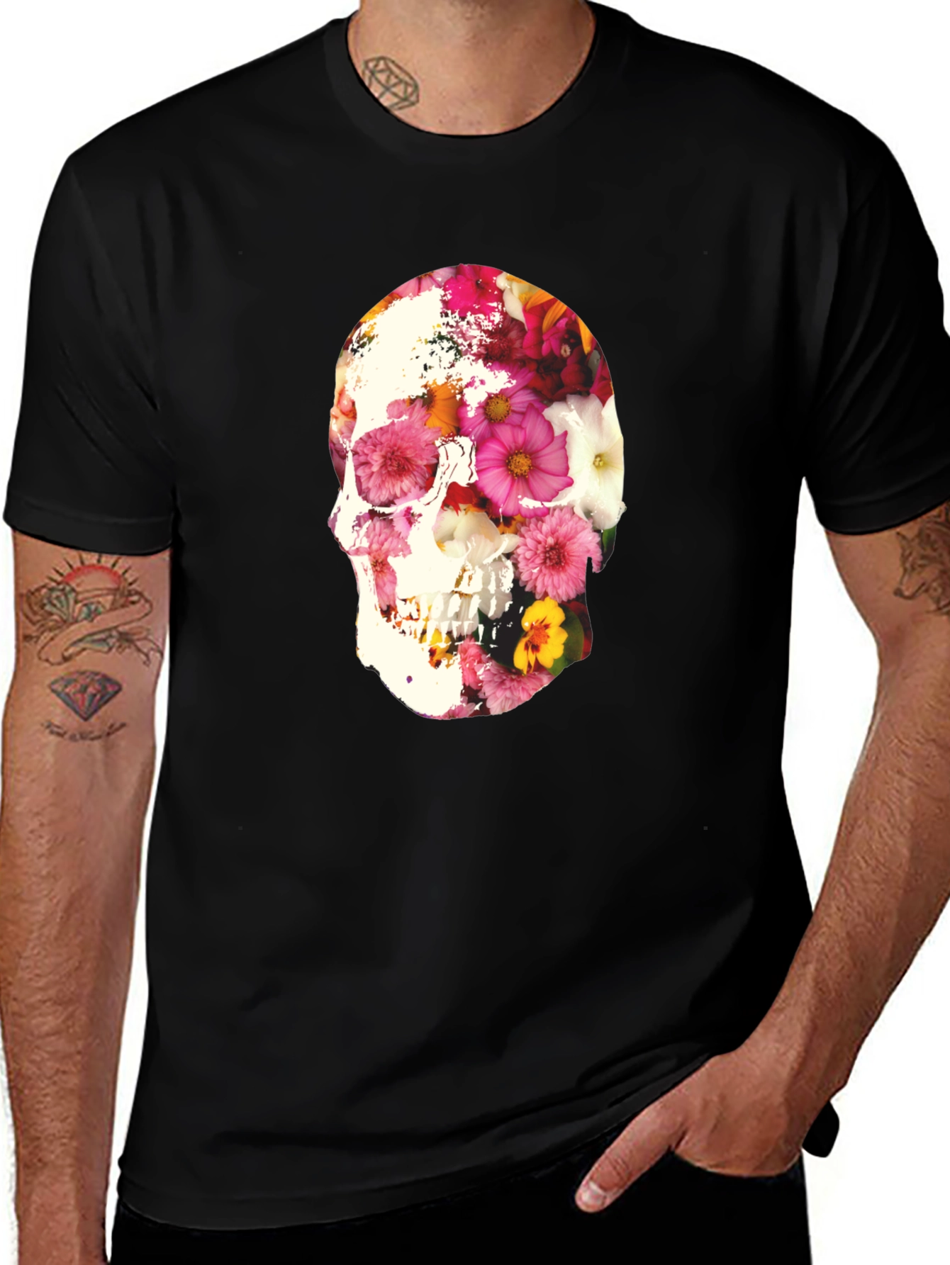 Variant 10 of Floral Skull Graphic Tee - Men's Black T-Shirt