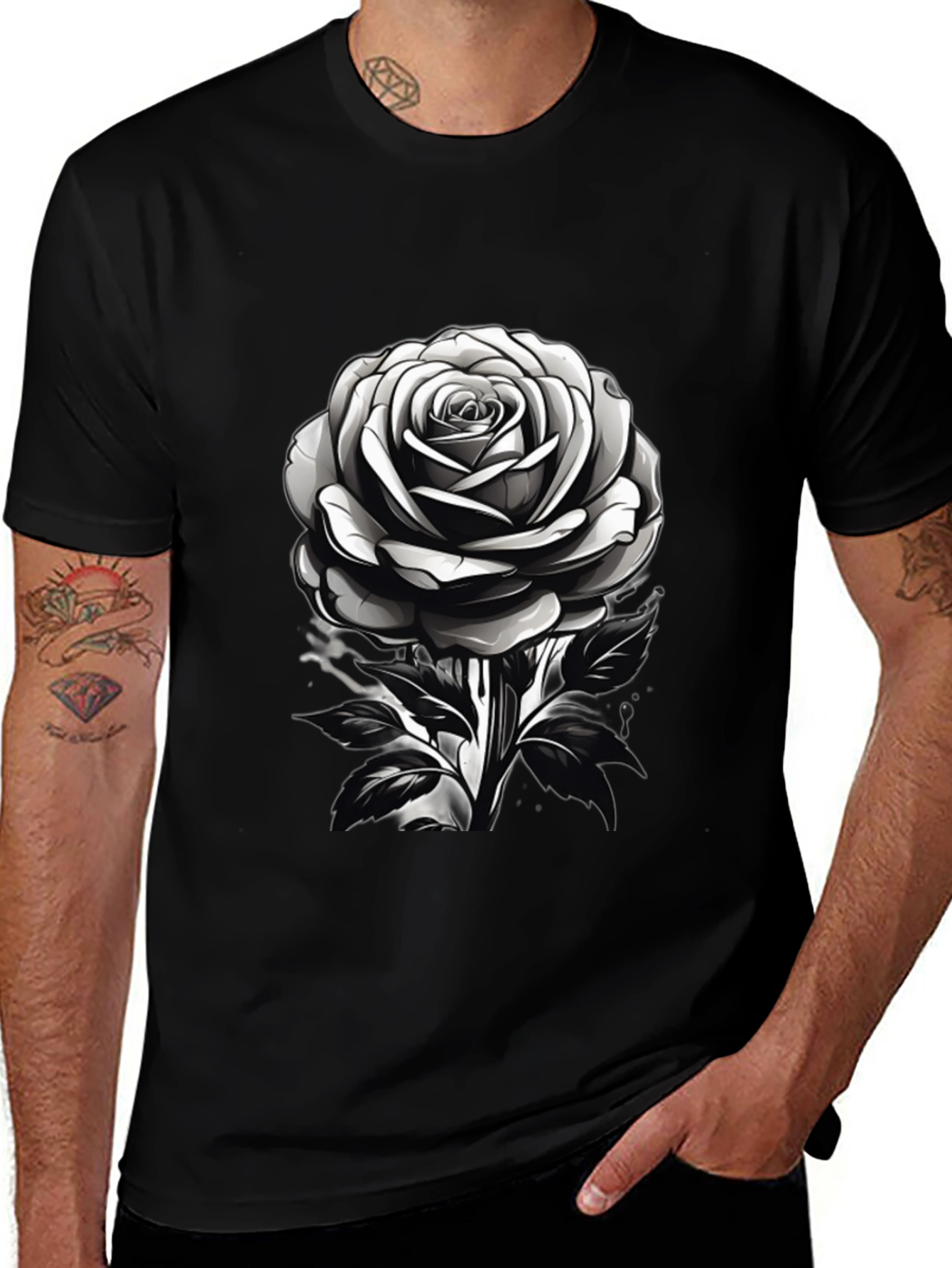 Rose Graphic Black T-Shirt - Modern Floral Design