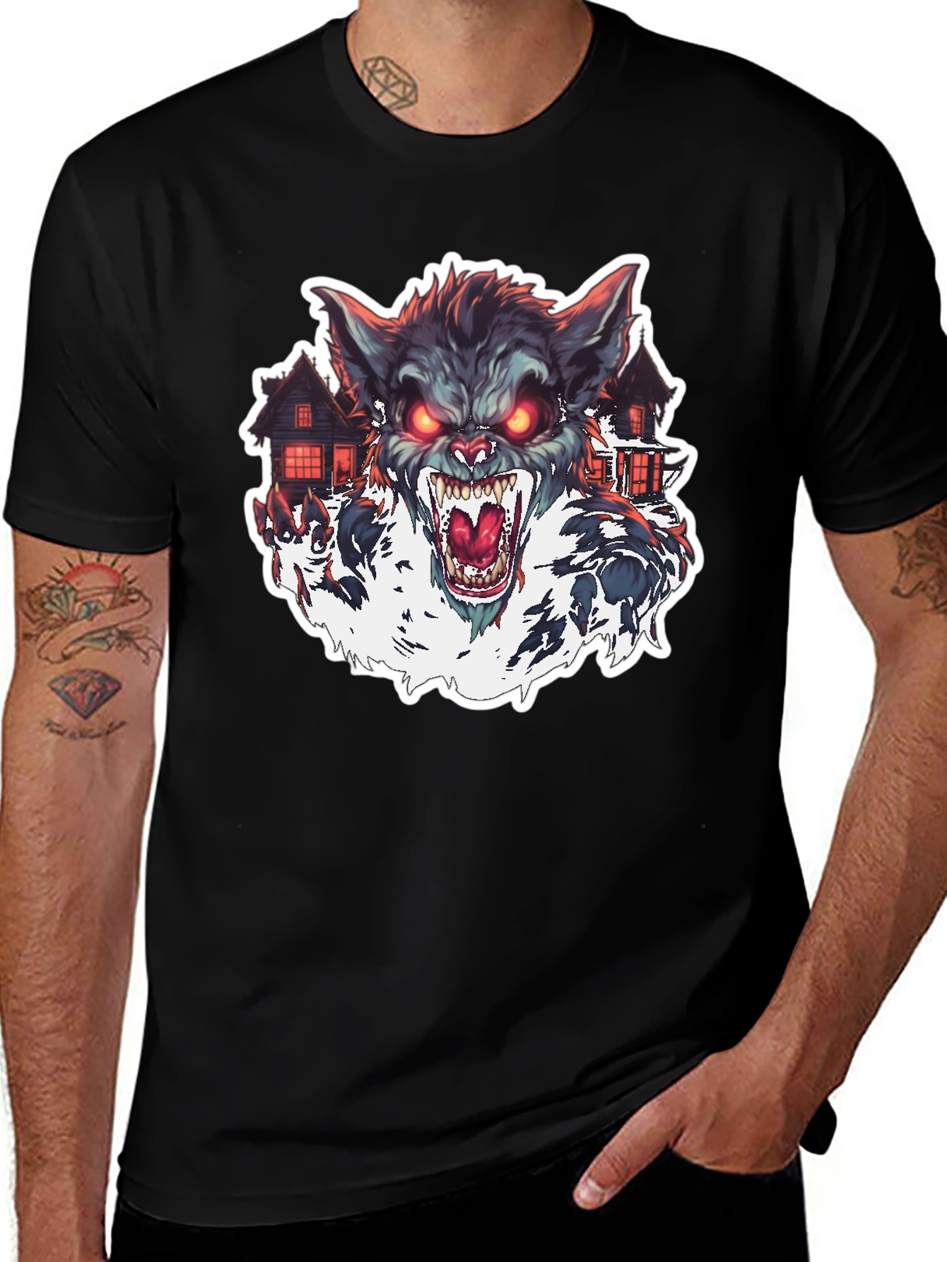 Variant 14 of Creepy Werewolf Graphic Tee - Black