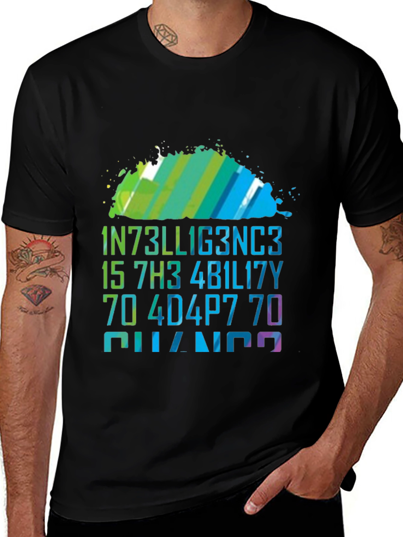 Intelligence Colorful Graphic Tee - Casual Black T-Shirt