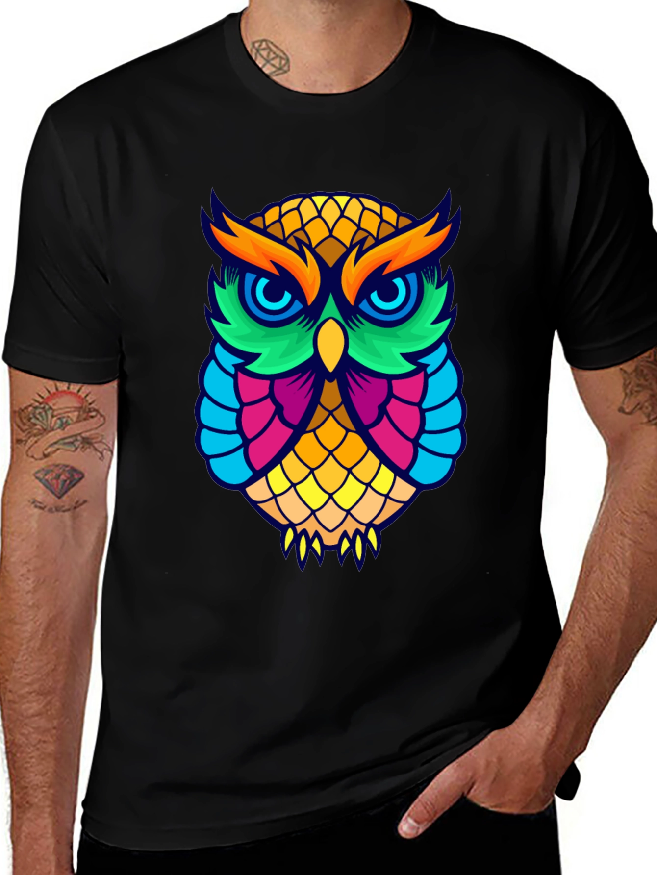 Colorful Owl Graphic Tee - Black Cotton Shirt
