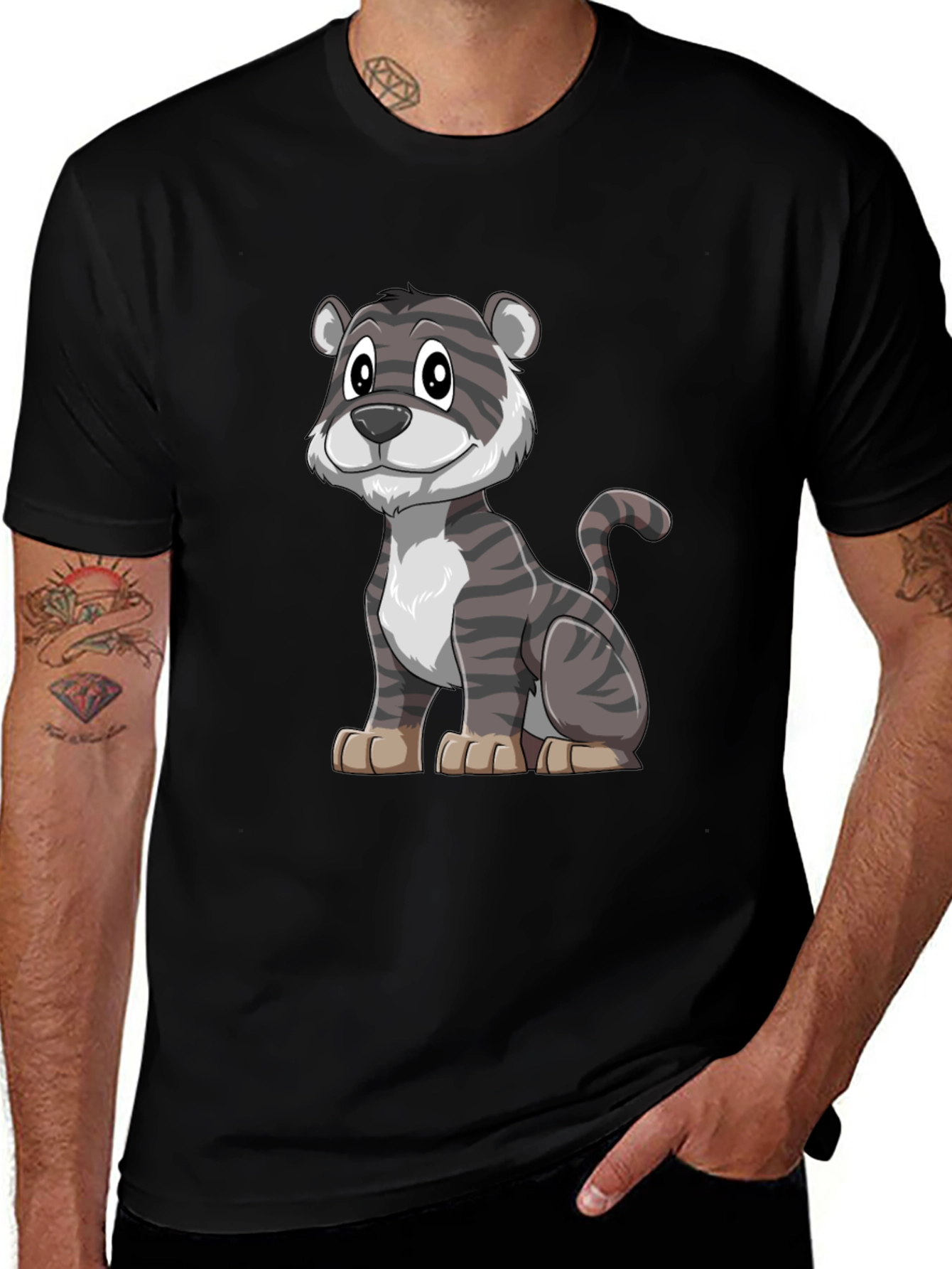 Variant 5 of Cute Cartoon Tiger Graphic Tee - Black Cotton Shirt