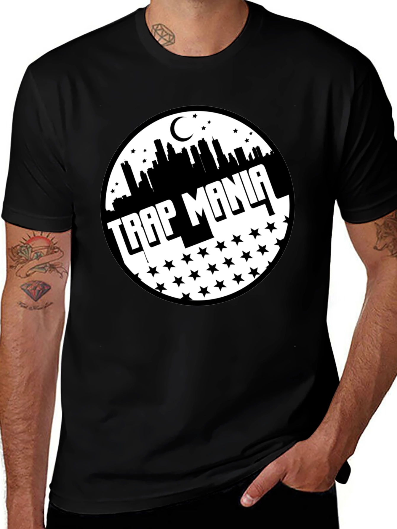 Black Trap Mania Graphic Tee - Cityscape Star Design main image