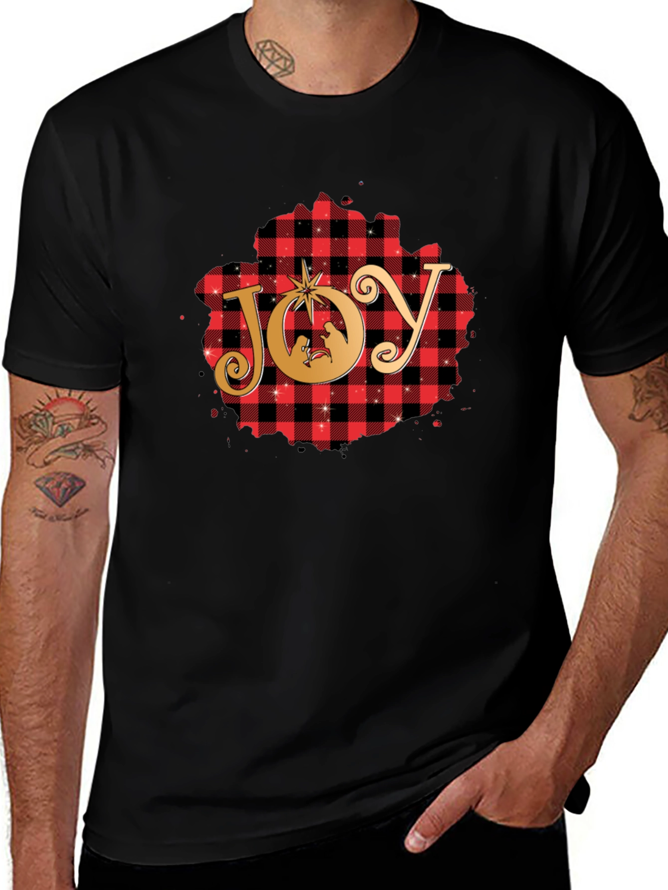 Joy Christmas Nativity Plaid T-Shirt