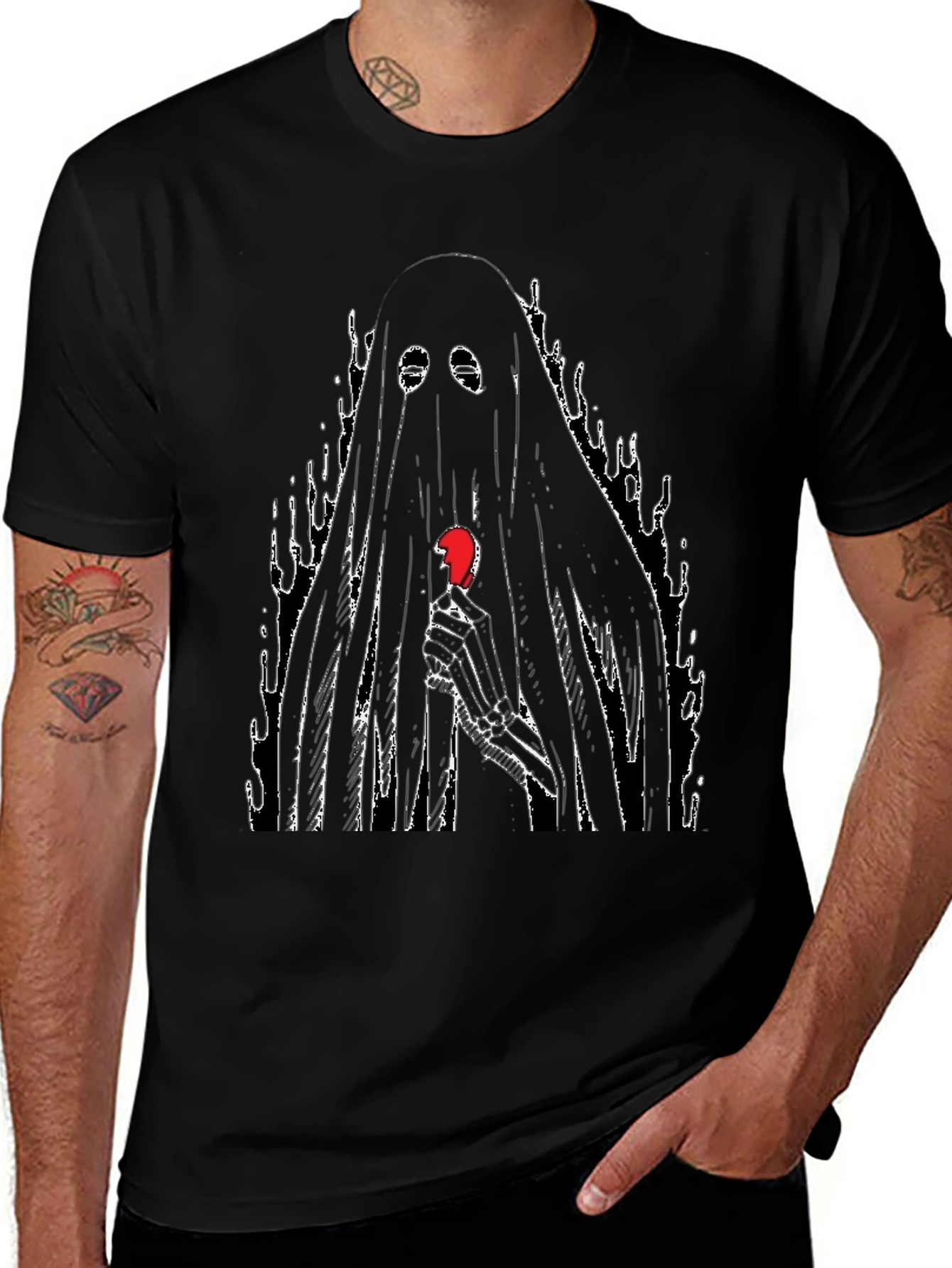 Variant 6 of Eerie Ghost with Broken Heart Graphic Tee - Soft Black Cotton
