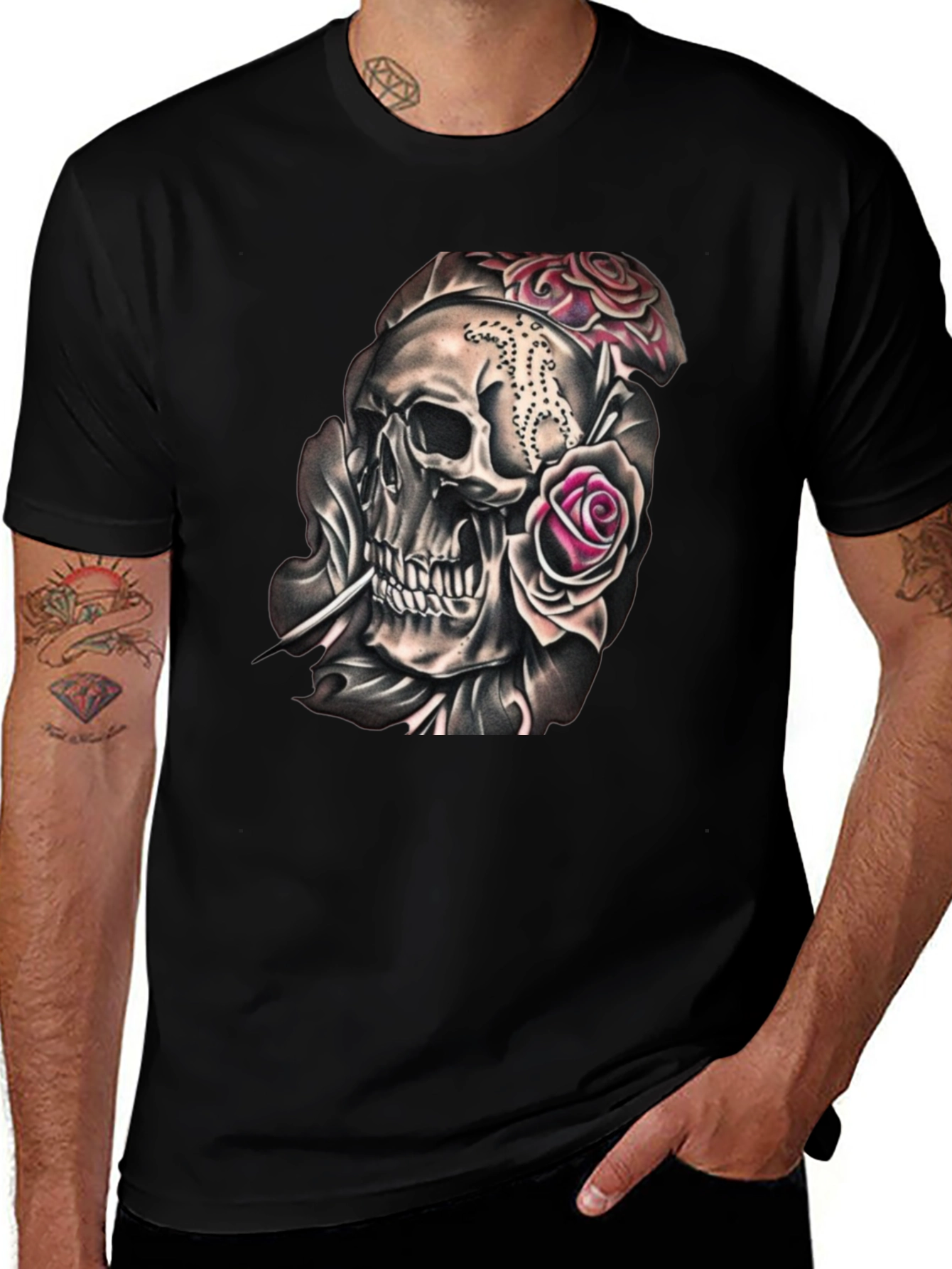 Variant 14 of Skull and Roses Graphic Tee - Black