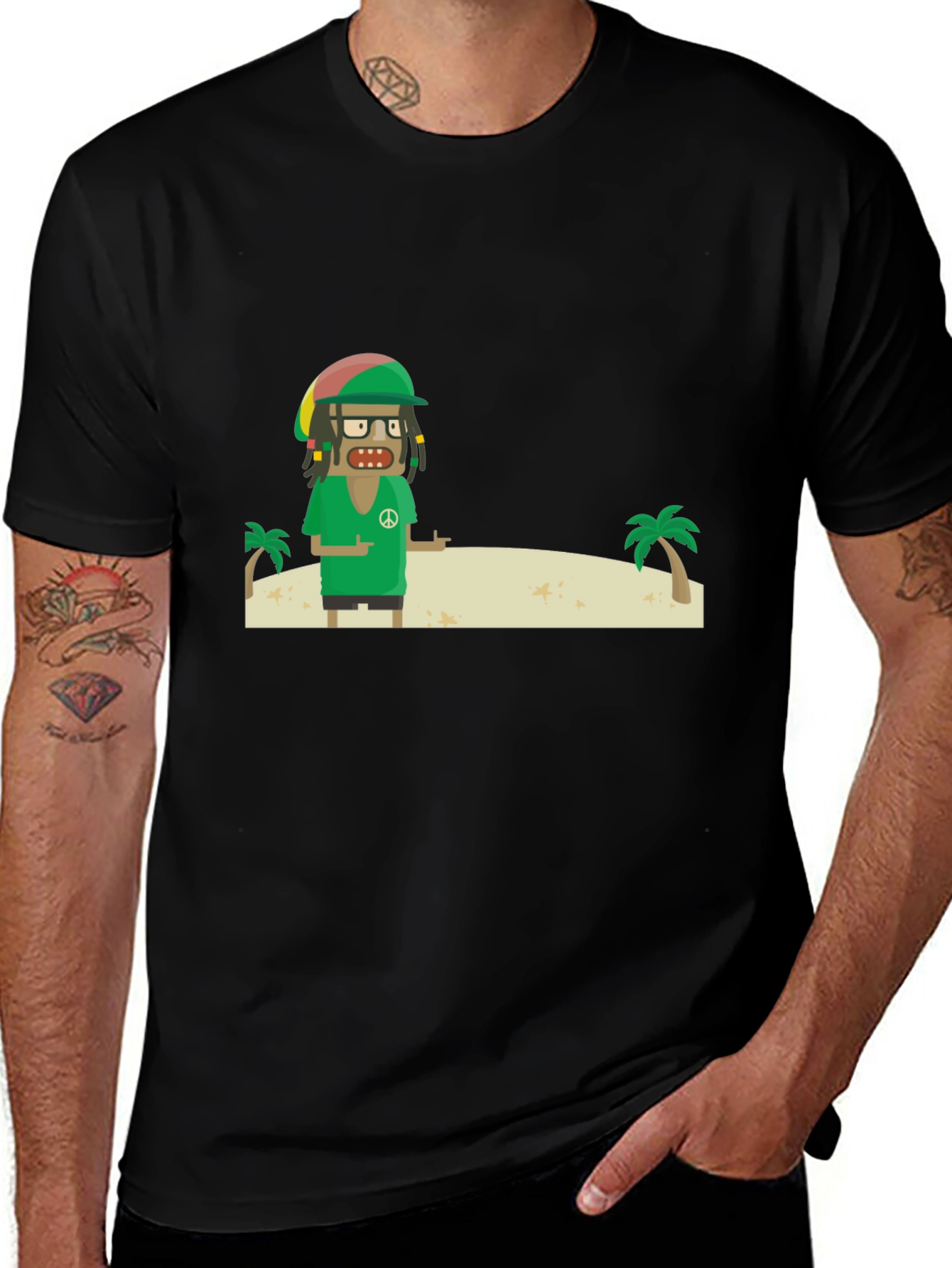 Variant 8 of Rasta Cartoon T-Shirt - Peace and Palm Trees