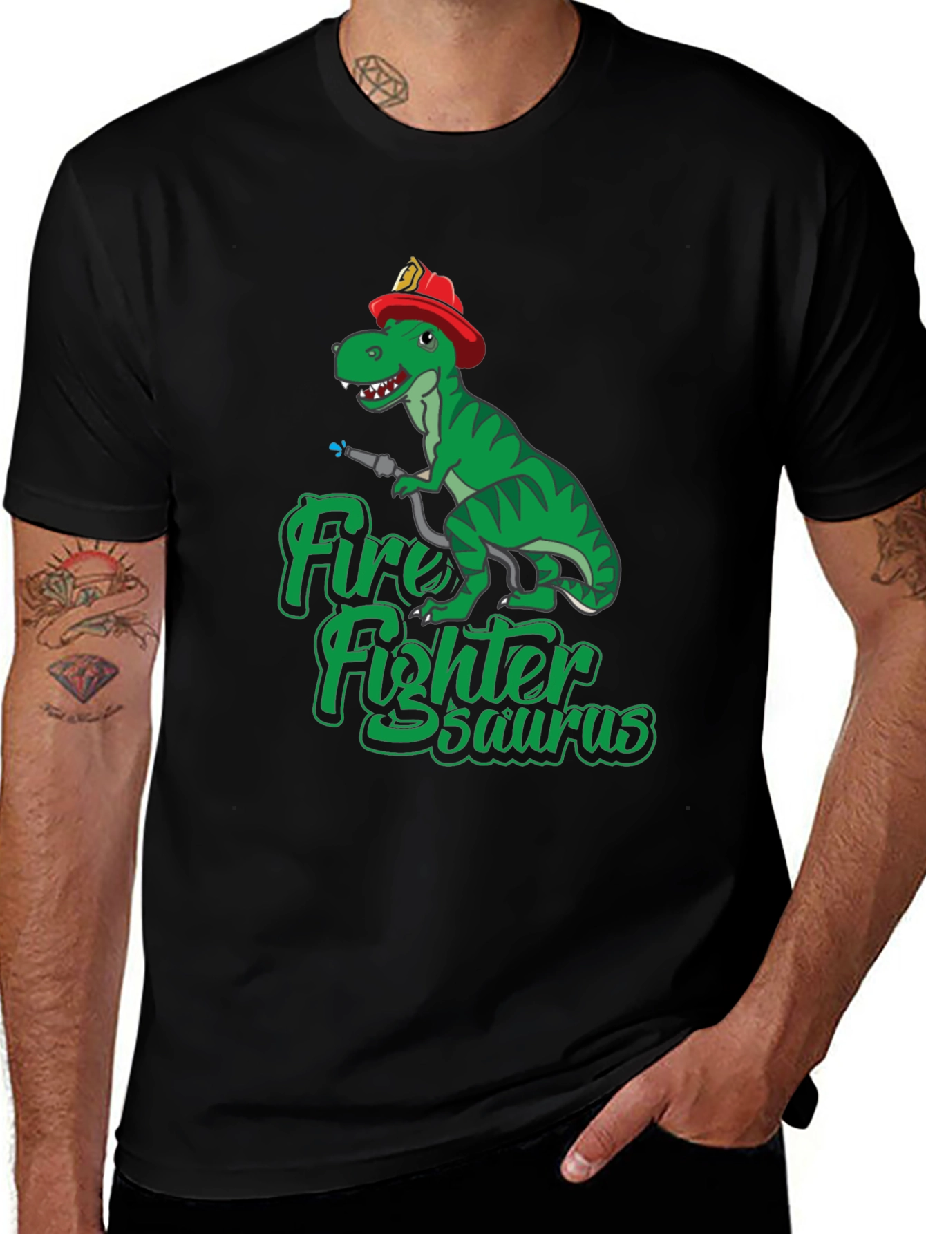 Black Firefighter Dinosaur T-Shirt - Dino Fireman Tee main image