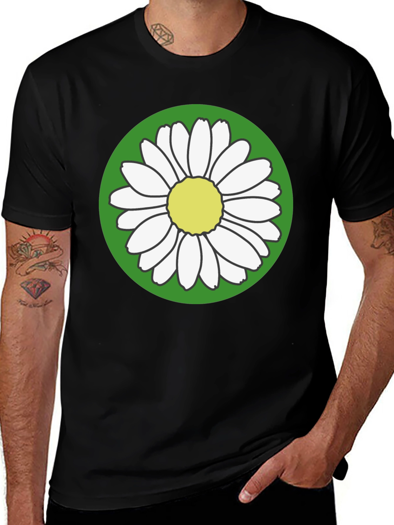 Variant 23 of Daisy Flower Graphic Tee - Round Green Design