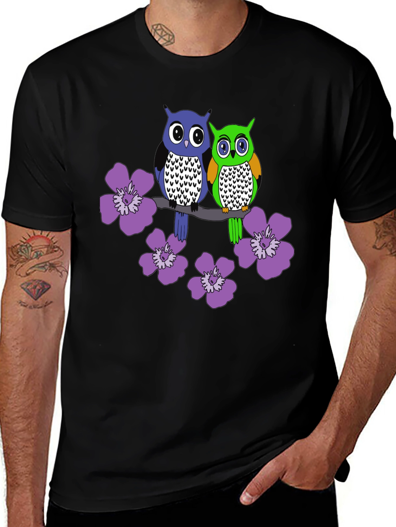 Black Owl & Floral Graphic Tee - Men's Black T-Shirt main image
