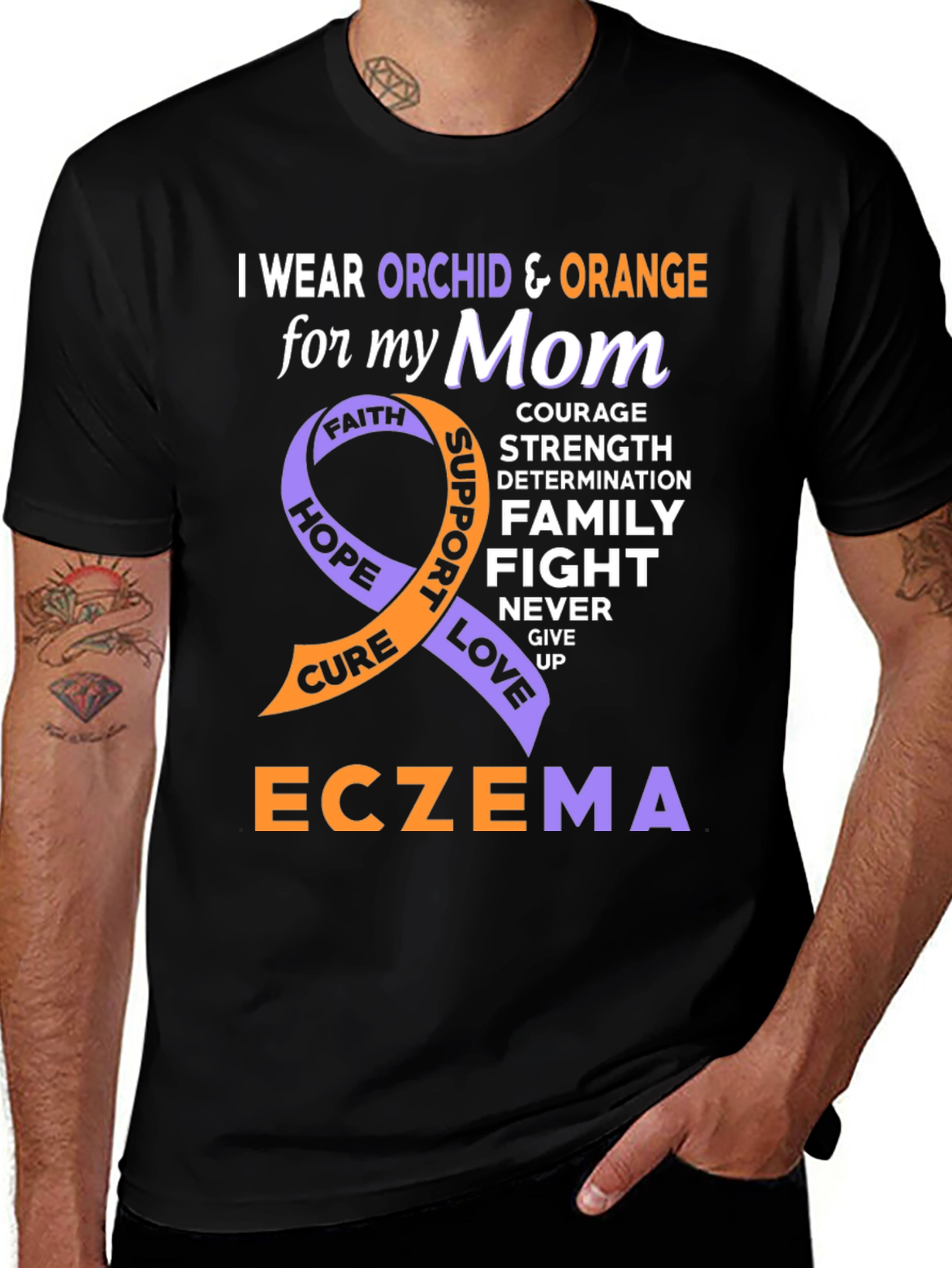 Eczema Awareness T-Shirt - Orchid & Orange Ribbon