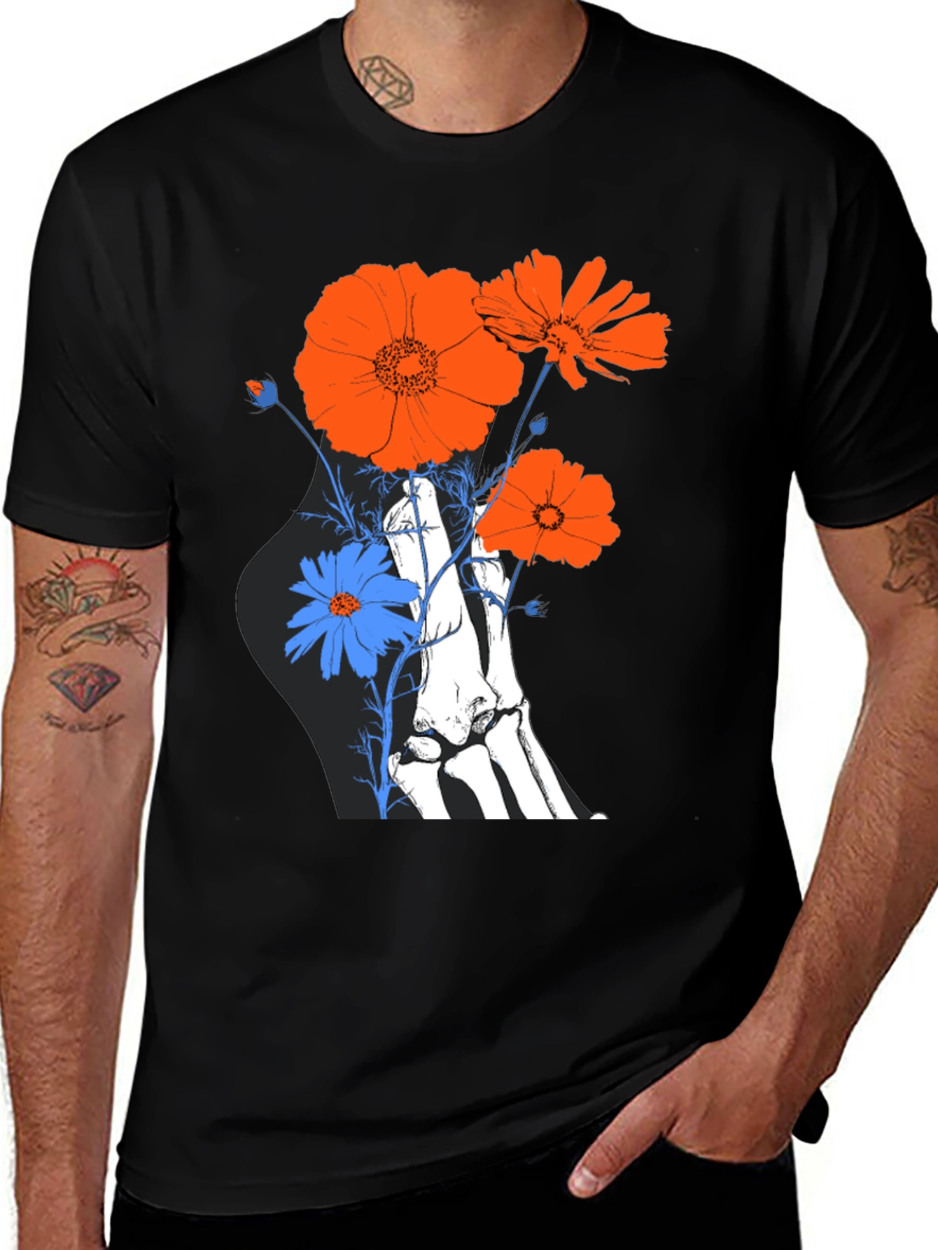 Variant 13 of Floral Skeleton Graphic Tee - Black Cotton T-Shirt