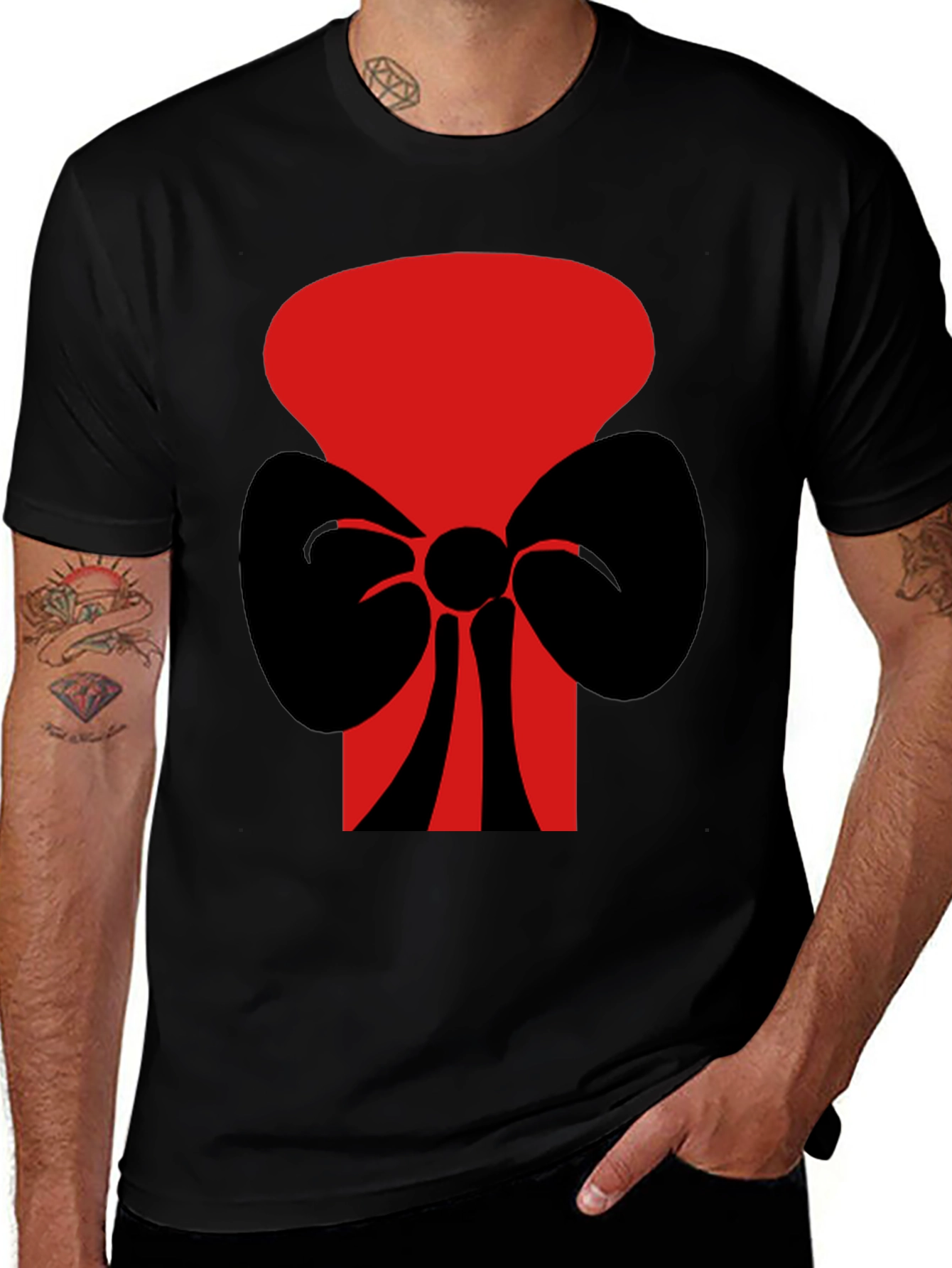 Black Bold Graphic Tee: Red Top Hat with Black Bow Tie main image
