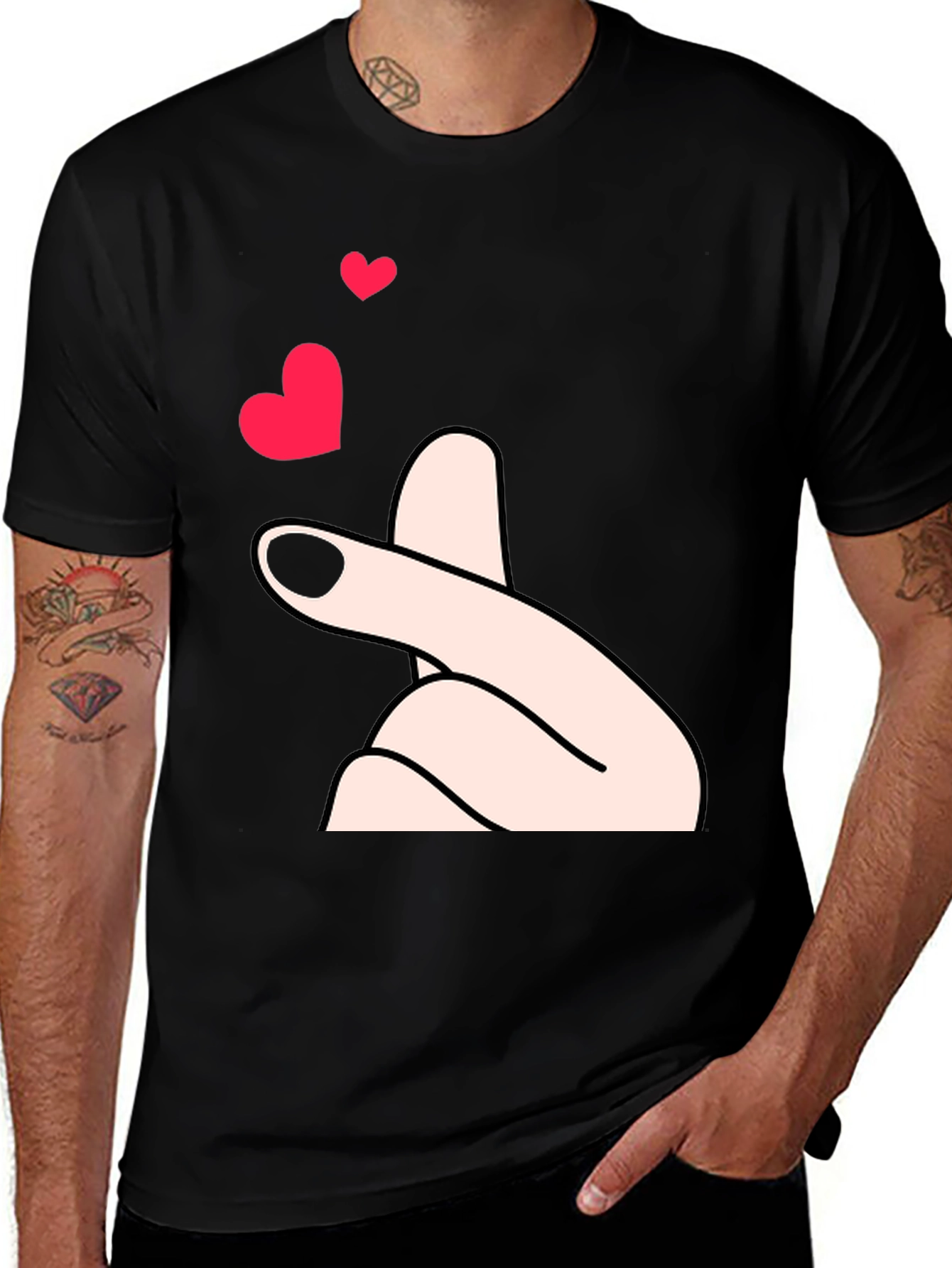 Variant 11 of Finger Heart Black T-Shirt - Korean Pop Love Sign