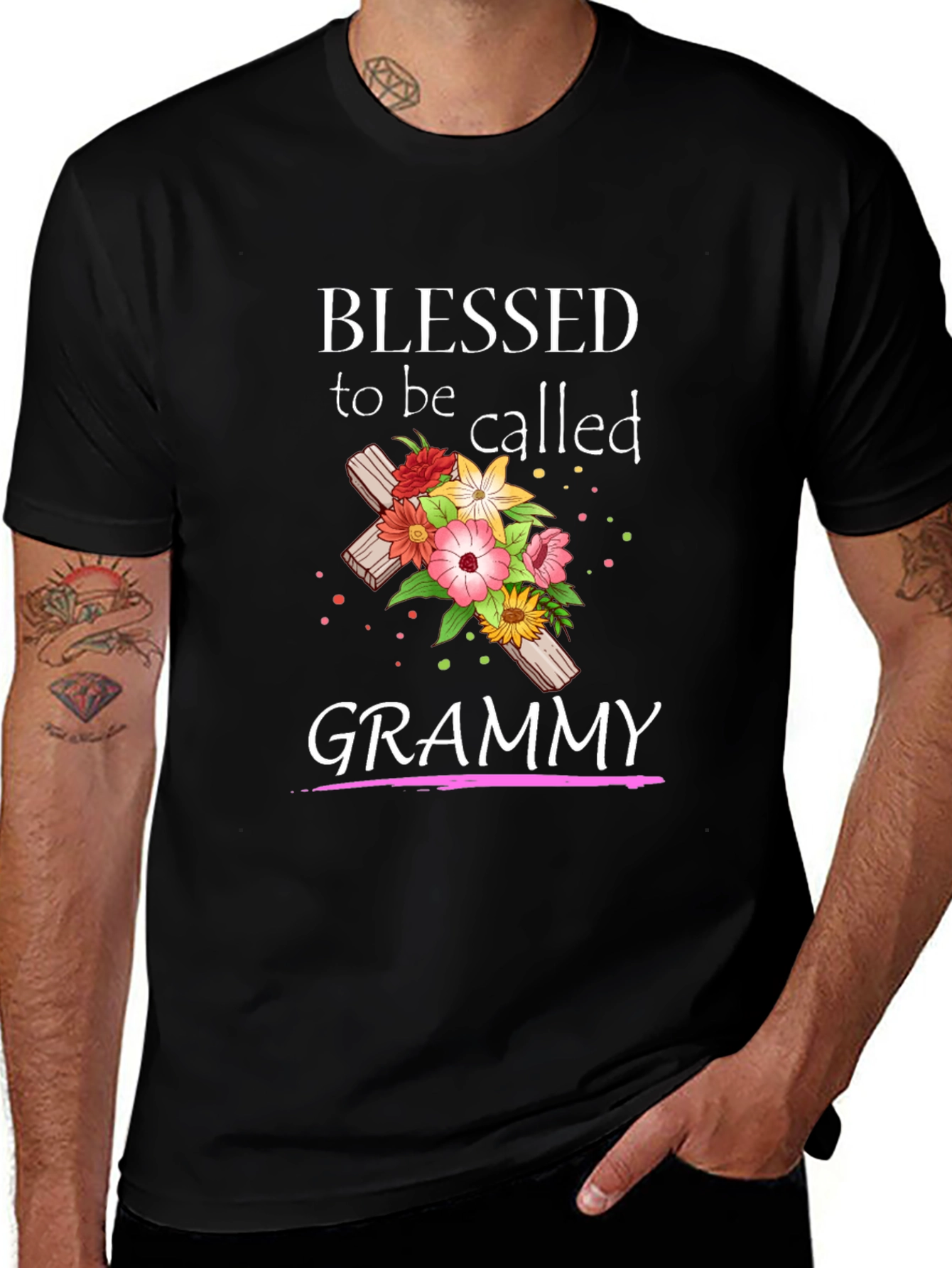 Blessed Grammy T-Shirt with Floral Cross Graphic