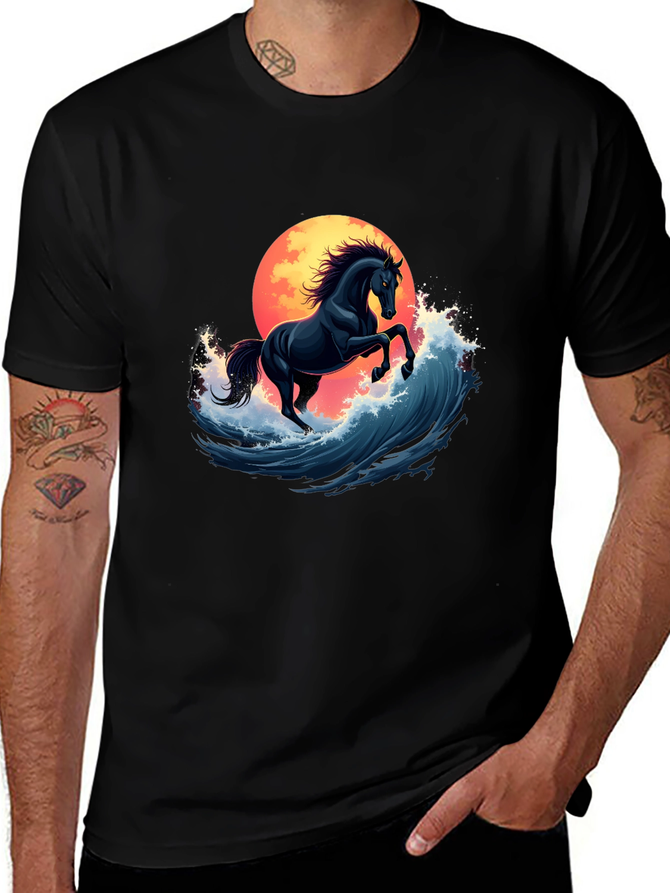 Variant 23 of Black Horse Ocean Wave Graphic Tee