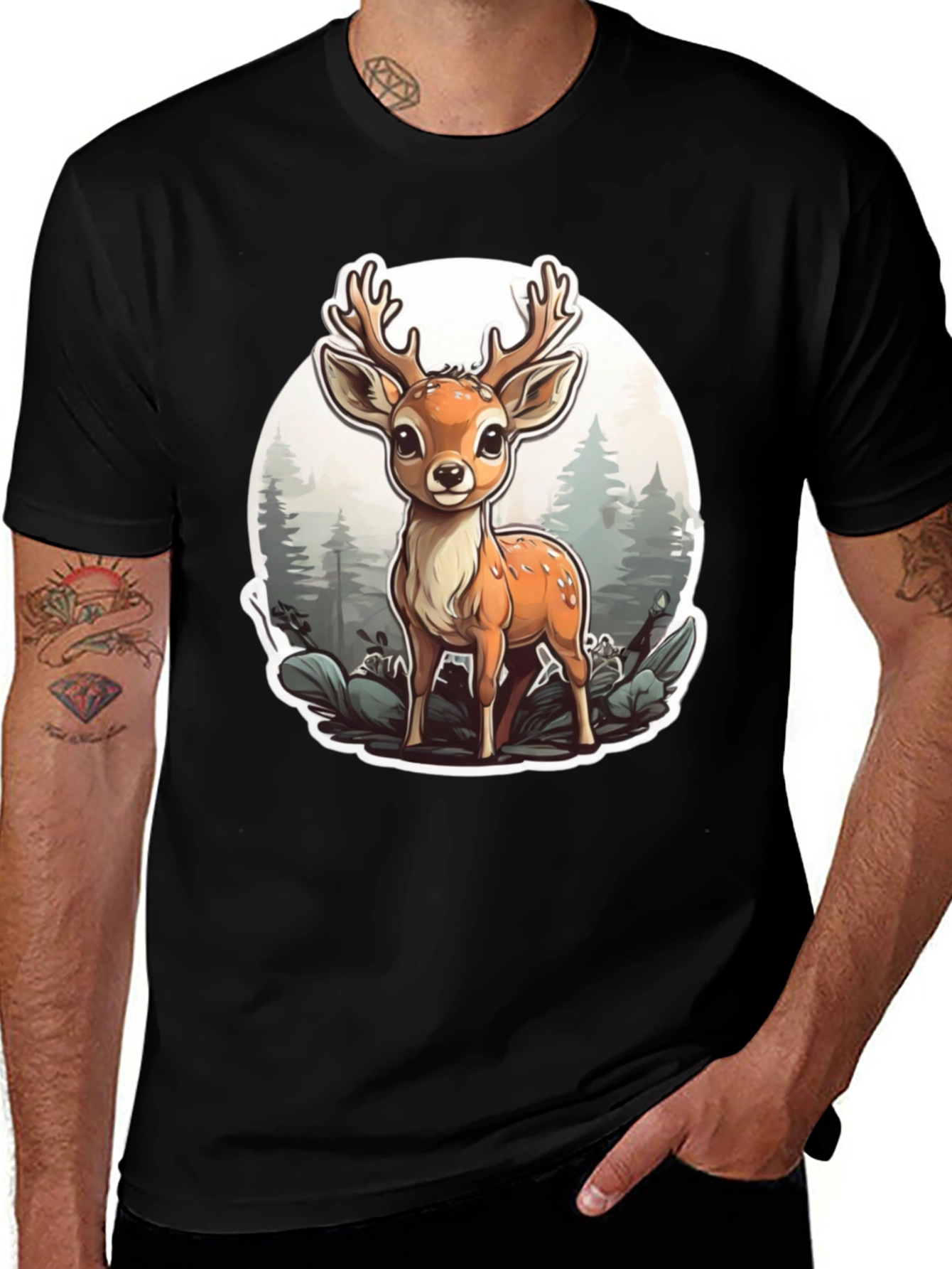 Variant 12 of Cartoon Deer Graphic Tee - Black