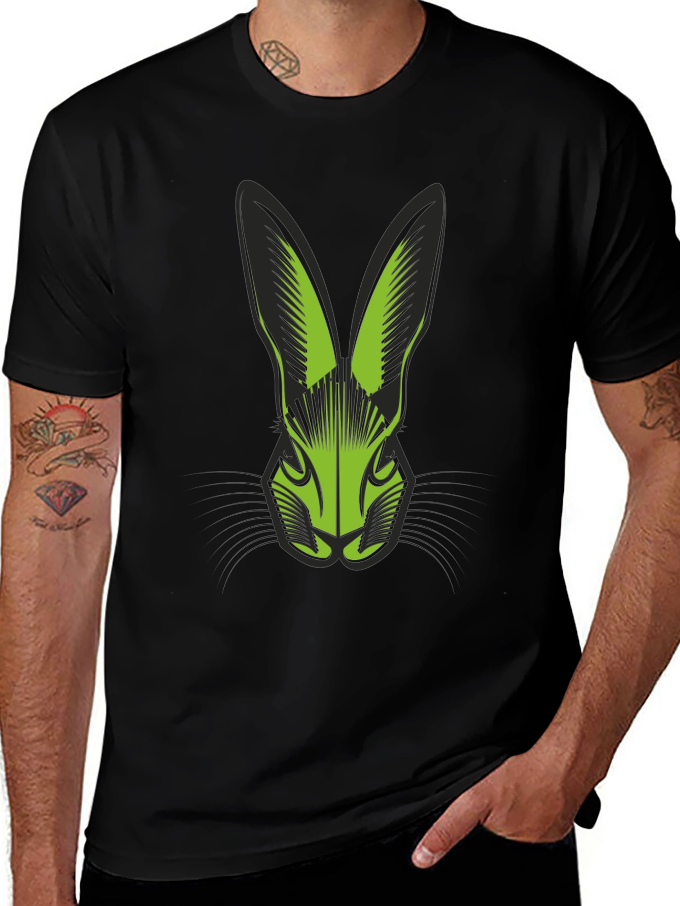 Variant 22 of Black T-Shirt with Green Rabbit Head Graphic